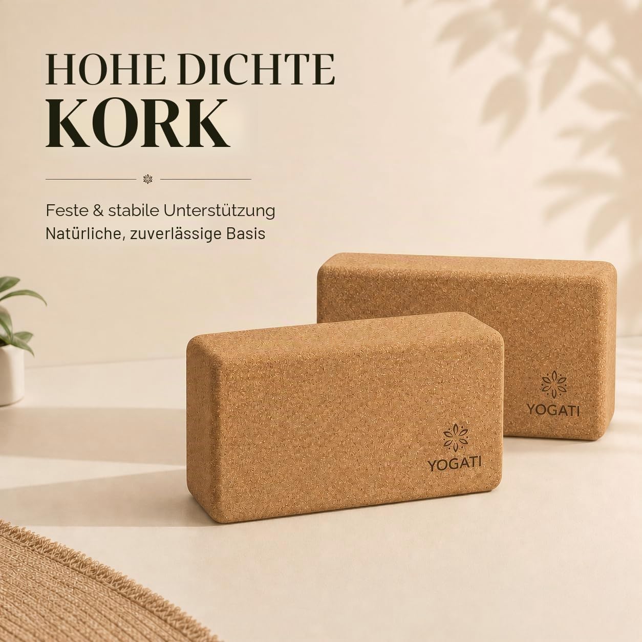 YOGATI® Kork Yoga Block 2er Set | Umweltfreundlicher Yoga Stützblock | Nachhaltiges Naturkorkmaterial | Ideal für Anfänger, Dehnübungen und Beweglichkeitstraining | Cork Yoga Blocks set of 2