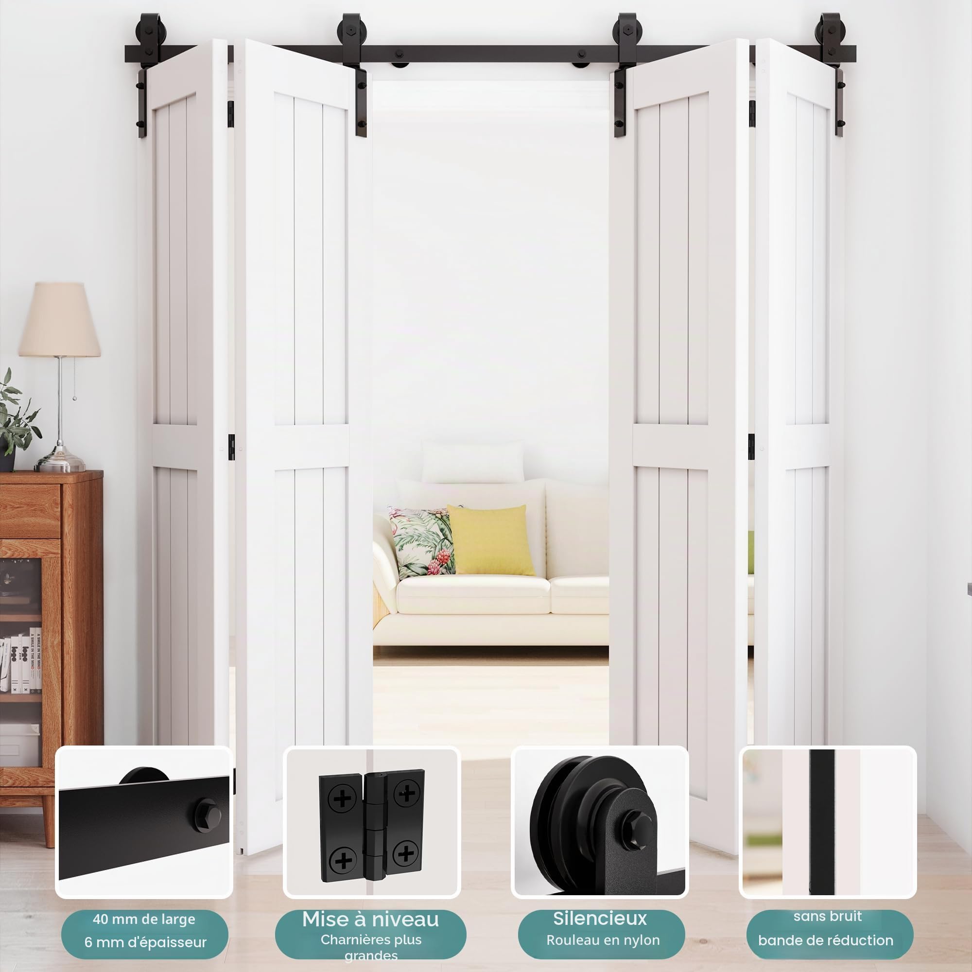 WINSOON Kit de quincaillerie pour porte coulissante pliante | Pour Porte Intérieure en bois rail plat en acier au carbone, installation facile, rouleau fluide et silencieux, sans porte