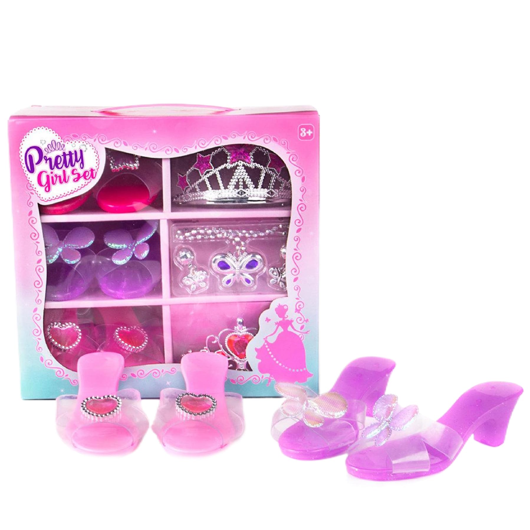 Set di scarpe da vestire da principessa Accessori per vestire da principessa alla moda di corone, collane e orecchini Tacchi carini per bambini Collezione di giochi di ruolo per bambine Scarpe da vest
