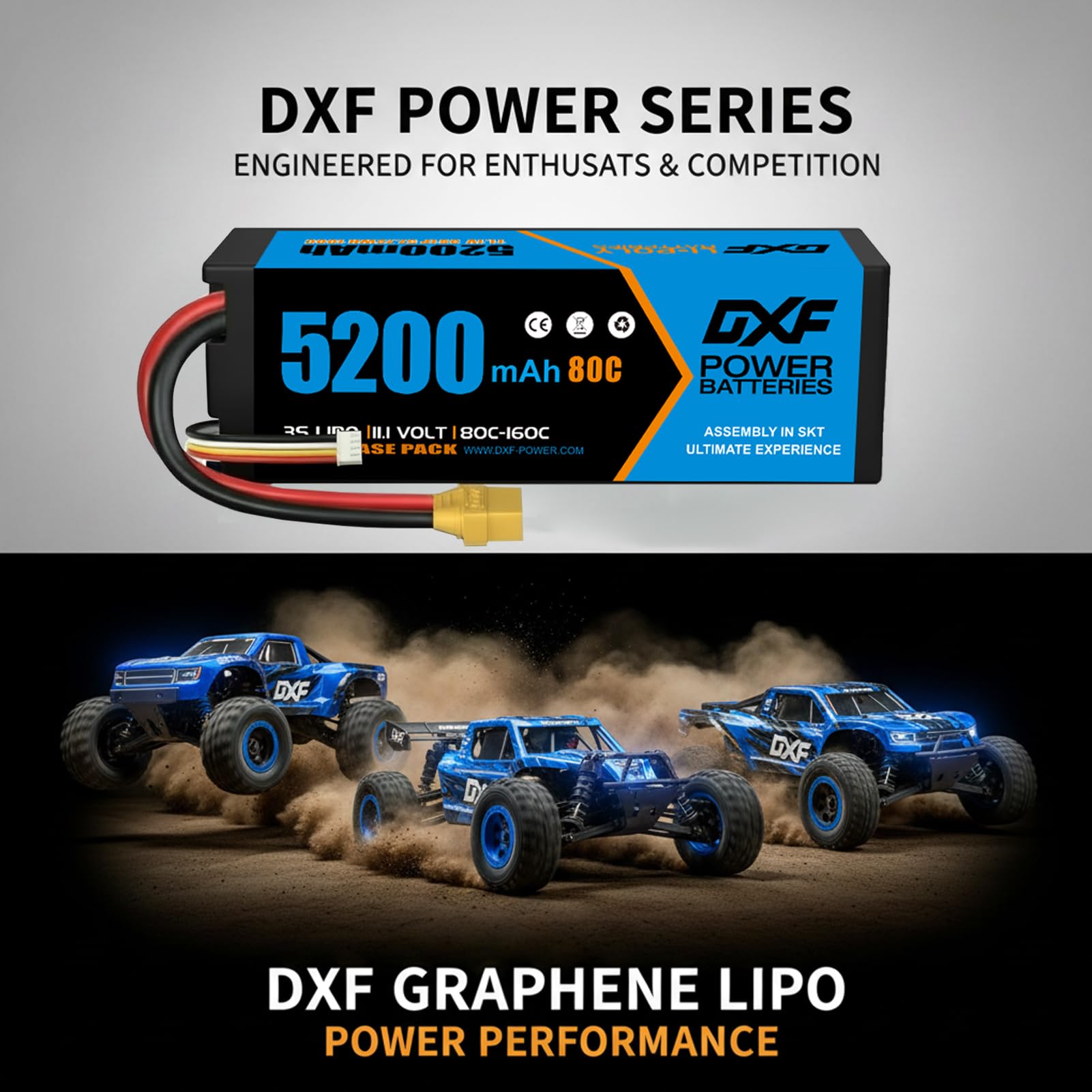 DXF 3S LiPo Akku 11.1V 5200mAh 80C 2er Pack mit XT90 Stecker Hardcase Batterie für RC Auto Truck Boot Helikopter Flugzeug Quadcopter Modellbau Hochleistung Entladung 1:8 1:10 Maßstab