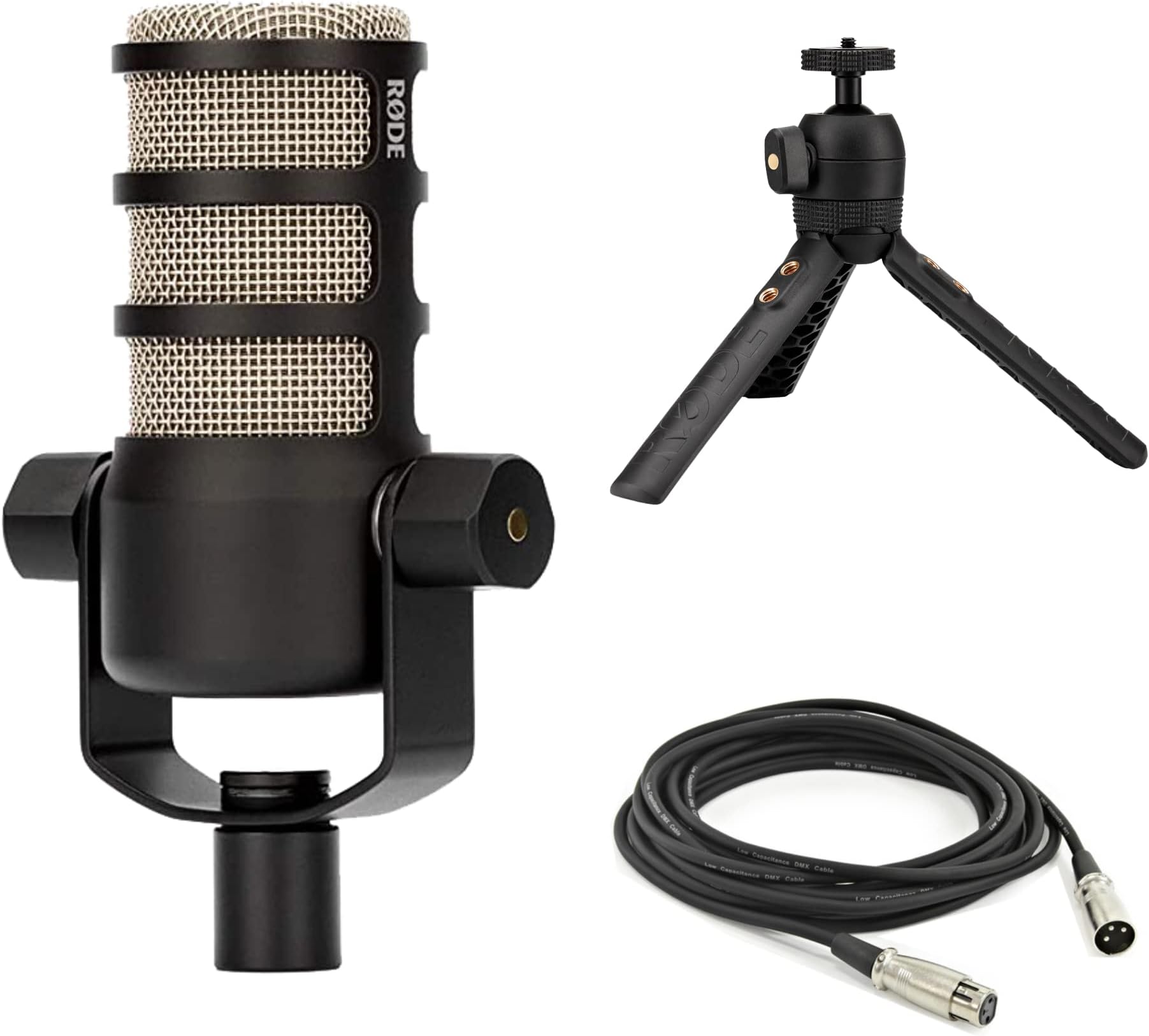 Rode PodMic Dynamic Podcasting Microphone with Rode Tripod 2 Mic and Accessory Stand with XLR Cable and StreamEye Polishing Cloth