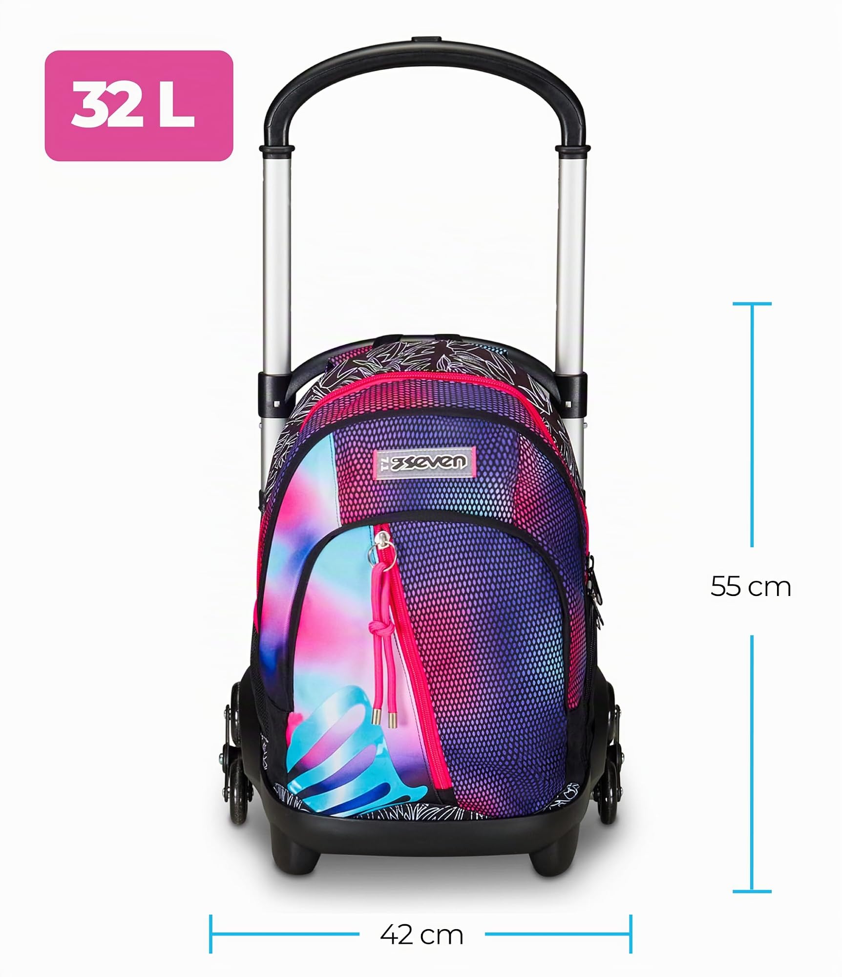 Seven Trolley Scuola Flex 3 Ruote, Rosa, Shadefull Girl, 3 in 1, Triplo Uso, Zaino Con Carrello Sganciabile, Tasca Porta Borraccia e Crossover System, Zaino Scuola Viaggio, Bambina Ragazza