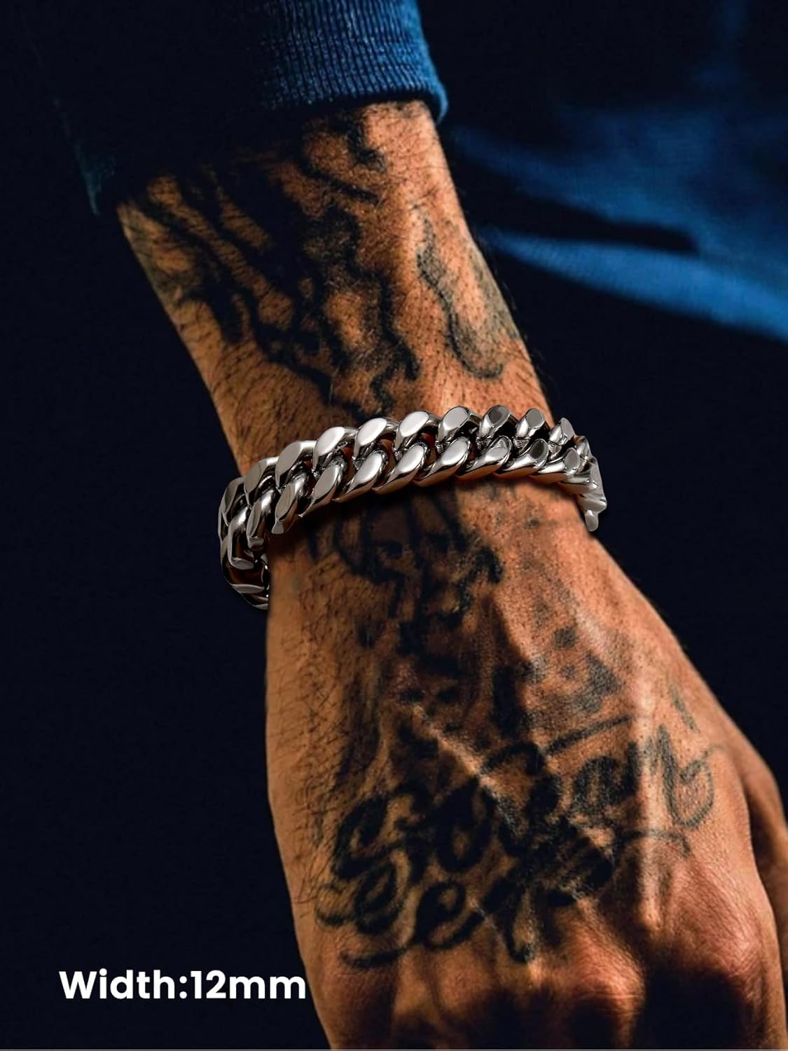 Bestyle Thick Mens Cuban Link Chain Bracelets, Durable Real 18K Gold/Black Metal Plated Solid Stainless Steel Hand Chain Cuban Bracelets for Men, Silver Black Gold Bracelets for Father Husband - Image 5