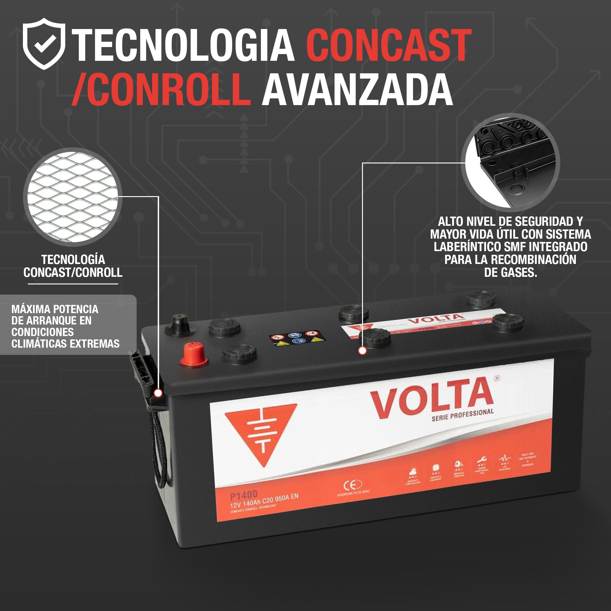 Bateria de Camión Professional 140Ah 950A - Borne +Dcha - Medidas Largo 512 x Ancho 186 x Alto 219 mm con 2 años de Garantía - Fabricación Europea.