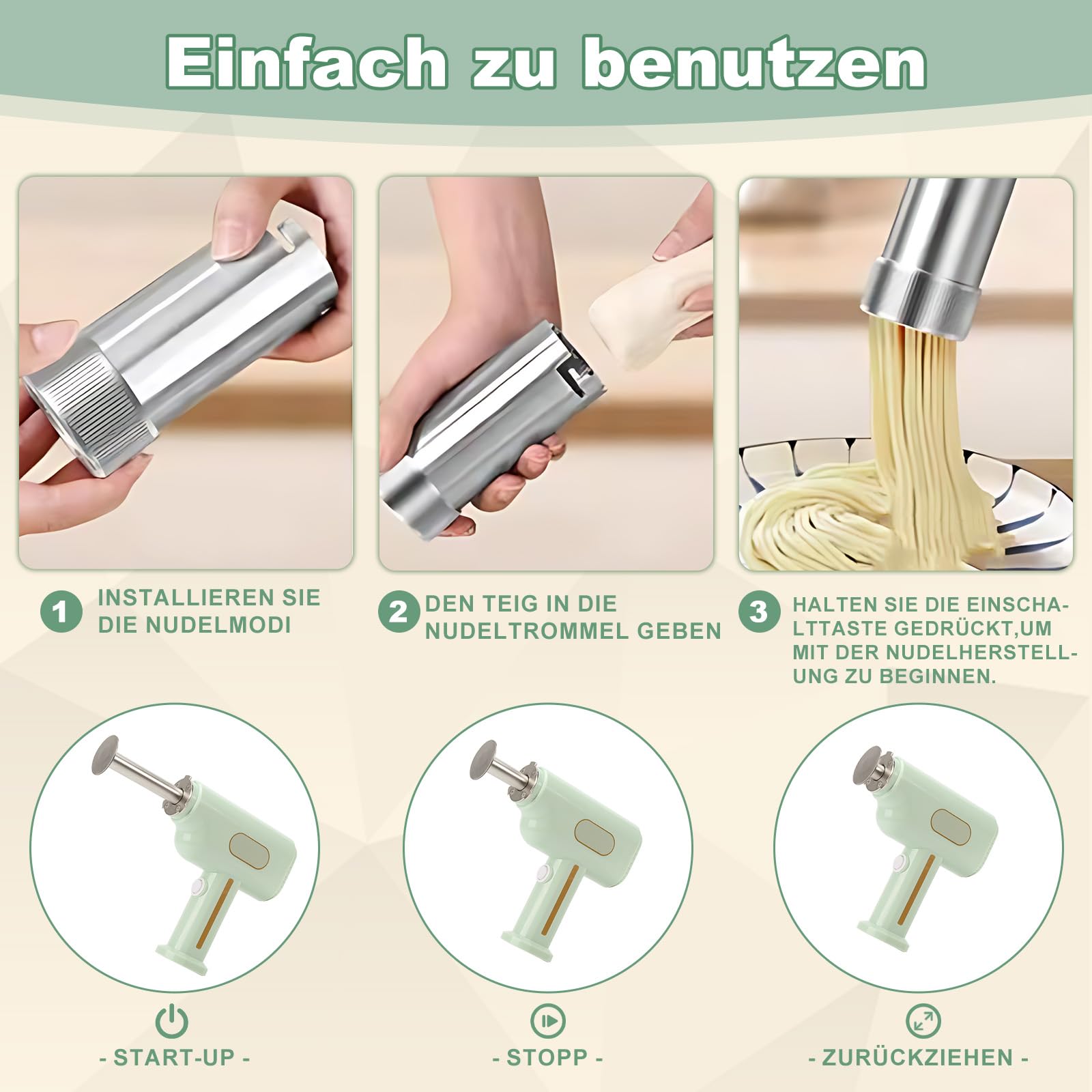 Elektrische Hand Nudelmaschine 2600mAh, Aufladbar Handheld Pasta Presse mit 5 Pressformen