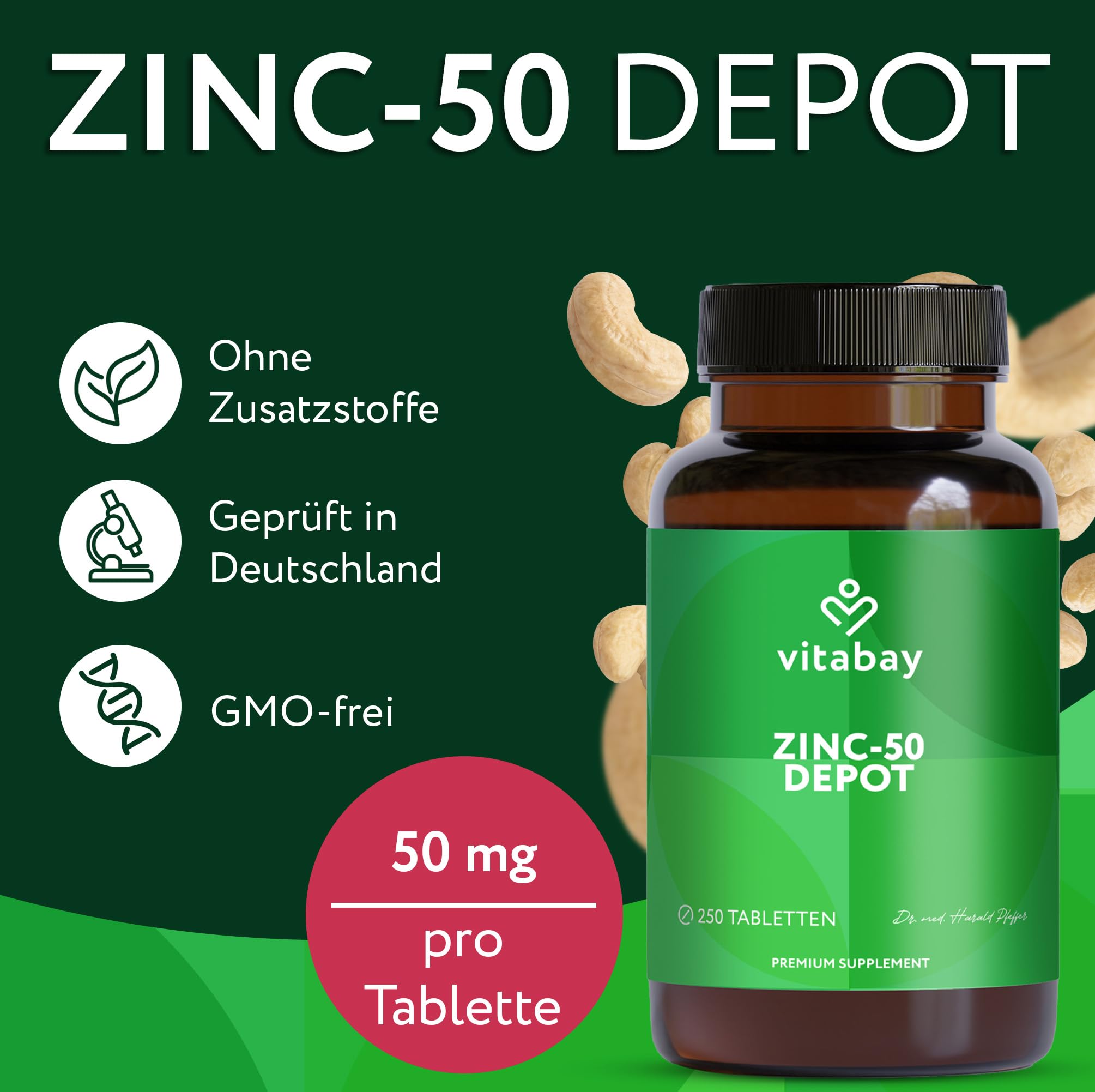 Vitabay Zink 50 mg hochdosiert – 250 teilbare Tabletten – Zinkgluconat für Immunsystem, Haut, Haare & Nägel – vegan & laborgeprüft in Deutschland – Vorrat für 16 Monate