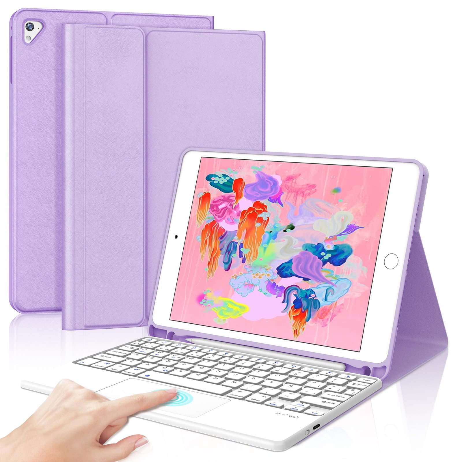 Keyboard for iPad 6 Gen 2018/5 Gen 2017 9.7"/Air 2/Air 1/Pro 9.7, Touchpad QWERTY Spanish Ñ, Keyboard Trackpad Case Rechargeable Magnetic Detachable Bluetooth, Pen Holder, Light Purple