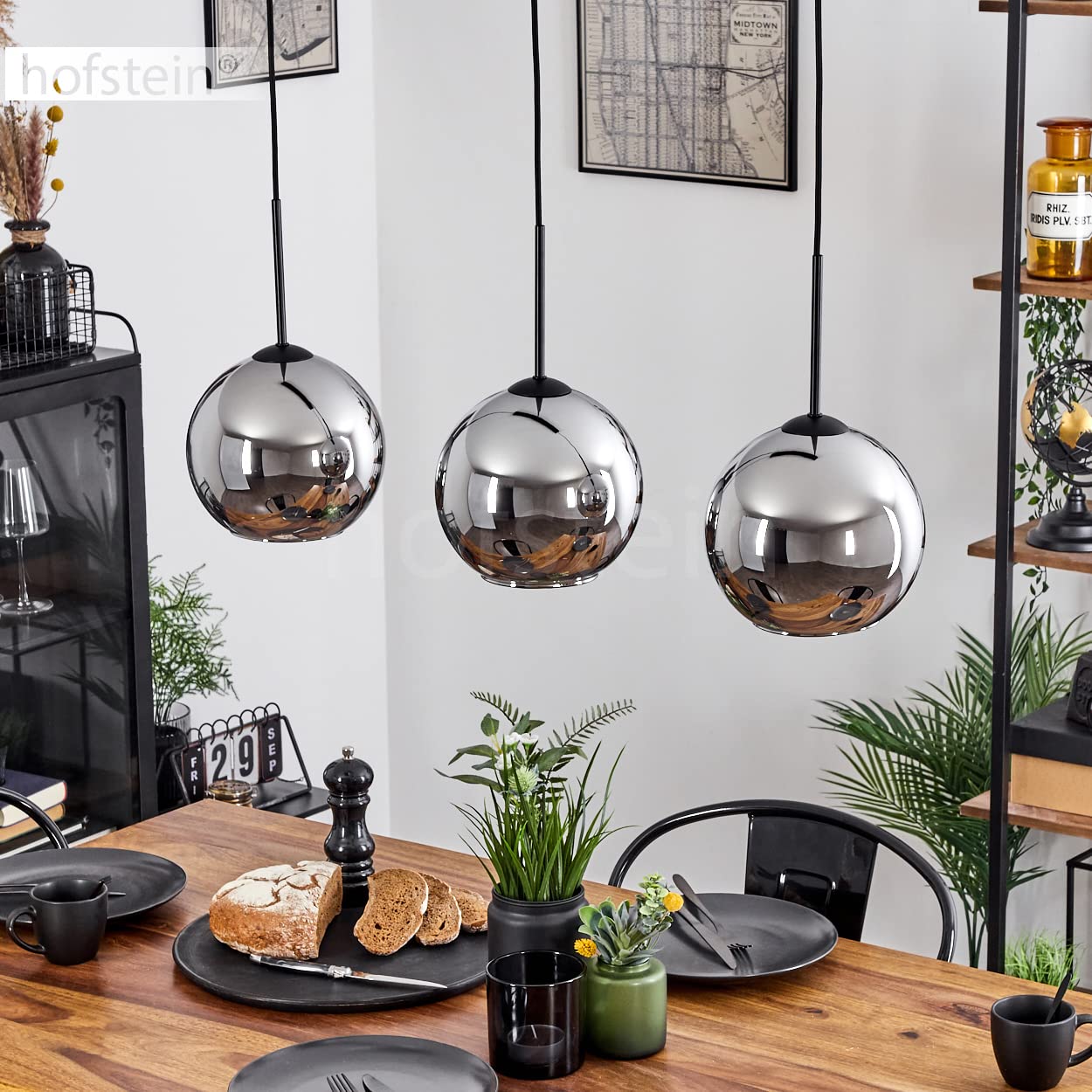 HOFSTEIN Hängeleuchte Koyoto, 3-flammige Hängelampe aus Metall/Glas in Schwarz/Chrom-/Rauchfarben, moderne Pendelleuchte im Retro/Vintage-Design, Ø Schirme 20 cm, E27, Esszimmer, Küche, Wohnzimmer
