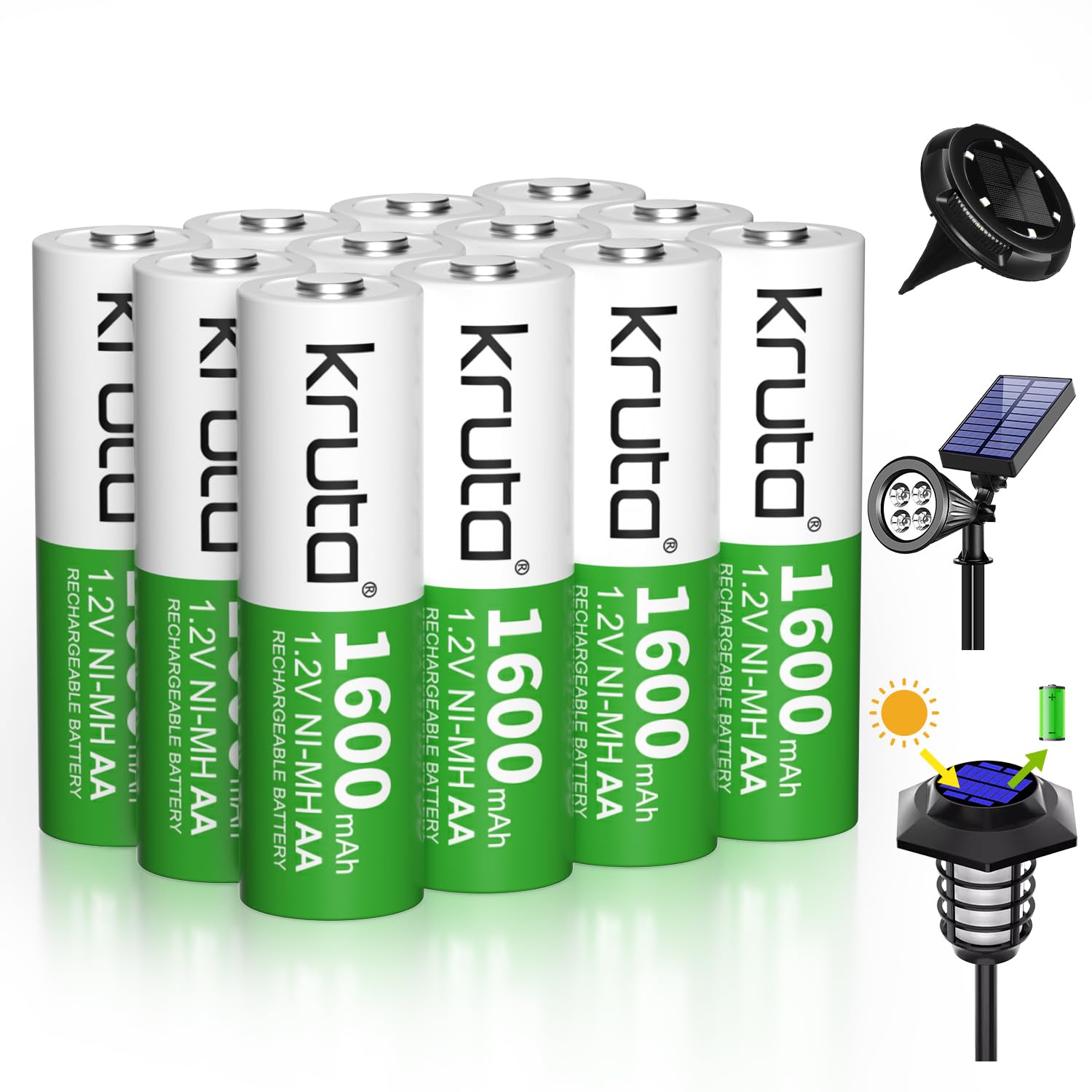 Kruta Rechargeable AA Batteries,12-Pack1.2V Ni-MH 1600mAh High Capacity Double A Solar AA Batteries for Outdoor Solar Lights & Home Devices Like Toy,