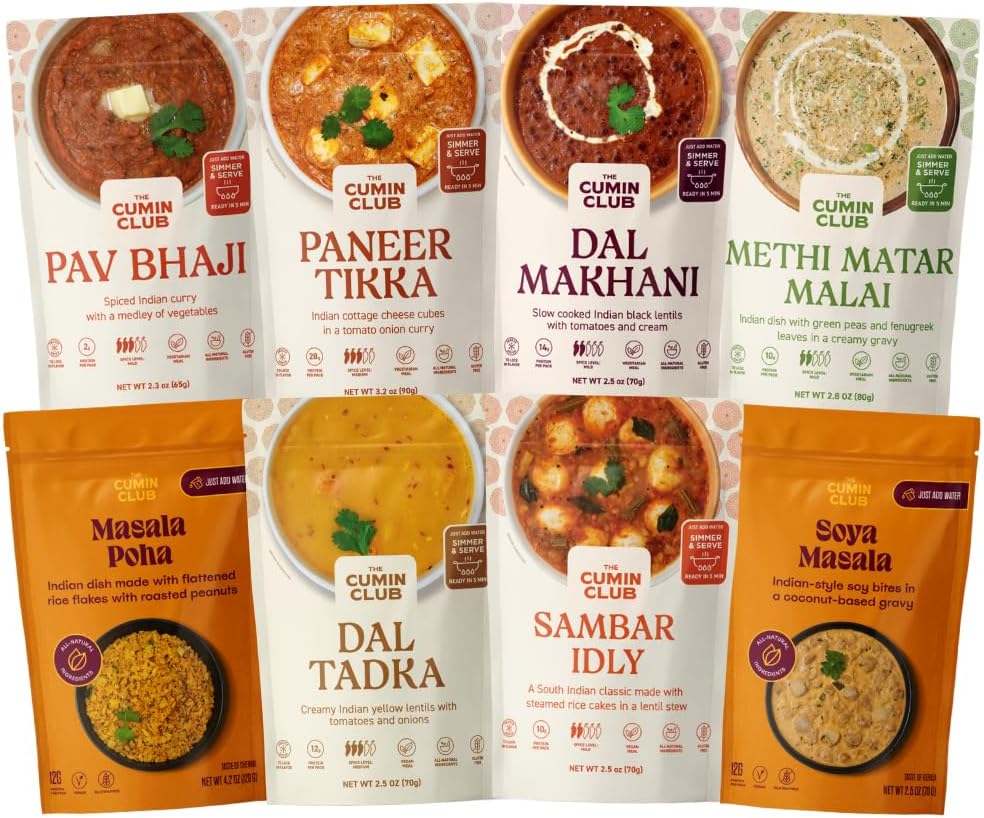 The Cumin Club Variety Pack | 8 Authentic Indian Meals | Ready in 5 Minutes, Just Add Water | All-Natural, No Preservatives | Vegetarian-Friendly