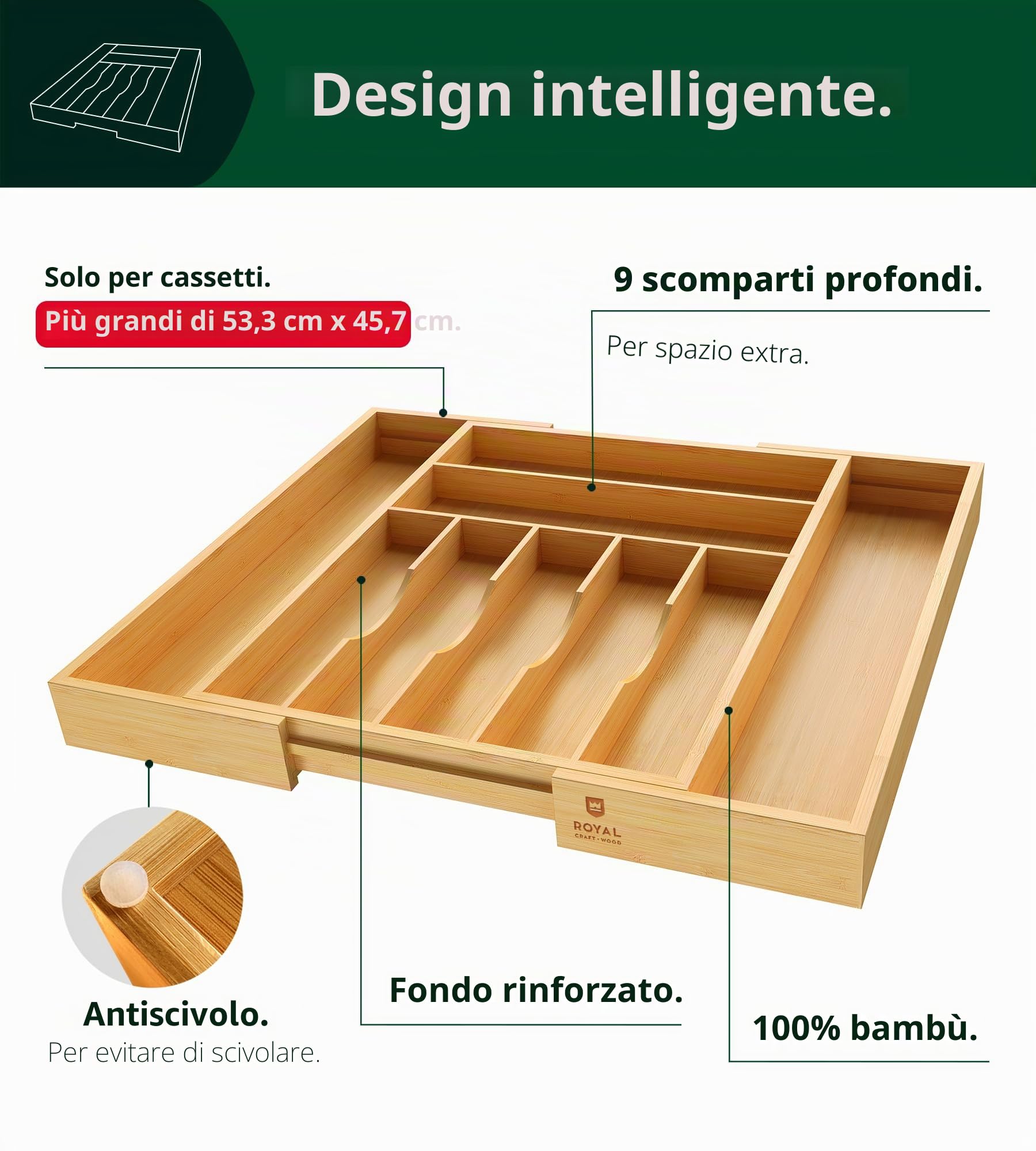 ROYAL CRAFT WOOD Organizer per Cassetti da Cucina in Bambù, di Lusso, per Posate e Utensili, Con Divisori Scanalati (9 Scomparti, Naturale)