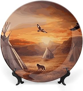 Native American Tribes Ceramic Display Plate Decorative Round Hanging Bone China Plate with Display Stand for Kitchen Dining Room Wine Cabinet Home Décor Art Decoration 6inch