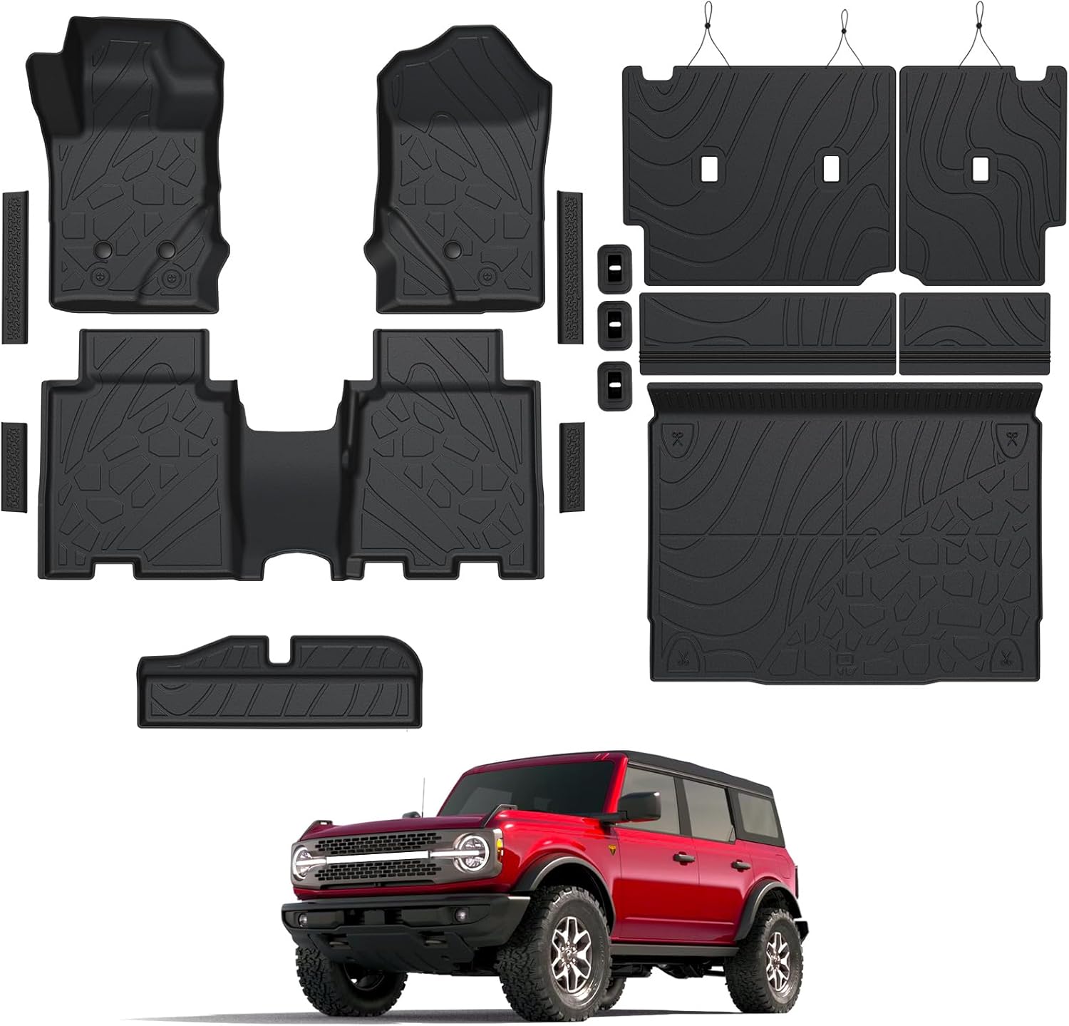 Floor Mats for Ford Bronco 2021-2025, All Weather Floor Mats Trunk Cargo Liner with Backrest Protectors and Door Sill Guards Accessories, Full Coverage Set (Fit 4 Door Models) For Ford Bronco | 2021-2025