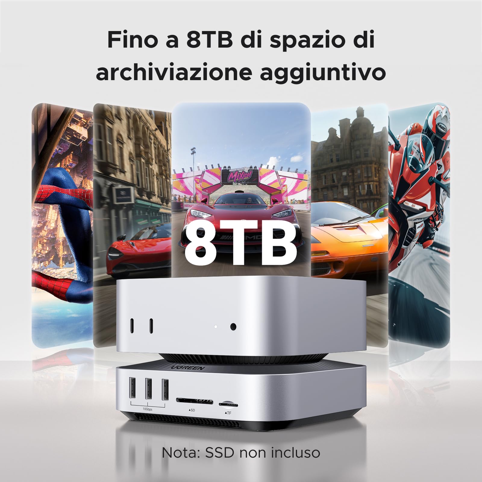 UGREEN USB4.0 40Gbps Docking Station Compatibile con Mac Mini M4 e M4 Pro con Case M.2 NVME SSD 10 in 2 Dock Hub USB C HDMI 8K 30Hz 4K 144Hz 5 Porte USB 10Gbps Lettore di Schede SD TF 4.0 3,5mm