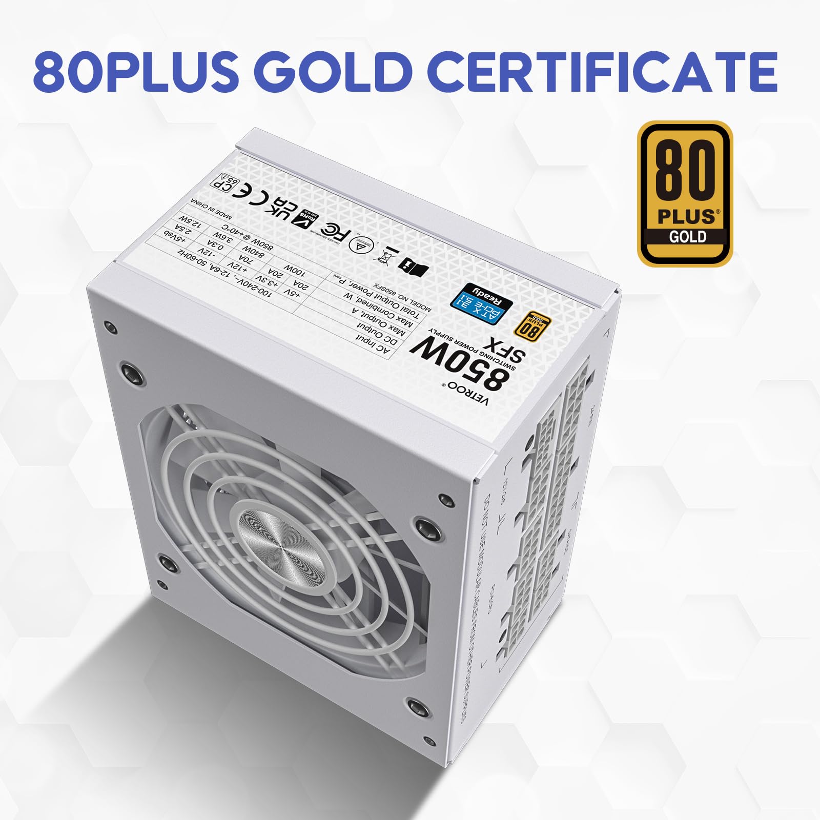 Vetroo 850W SFX Power Supply ATX 3.1 & PCIE 5.1 Ready, 80 Plus Gold Certificate Fully Modular, 90mm FDB Fan for Low-Noise Operation, SFX-to-ATX Bracket, 10-Year Warranty - White — view 5