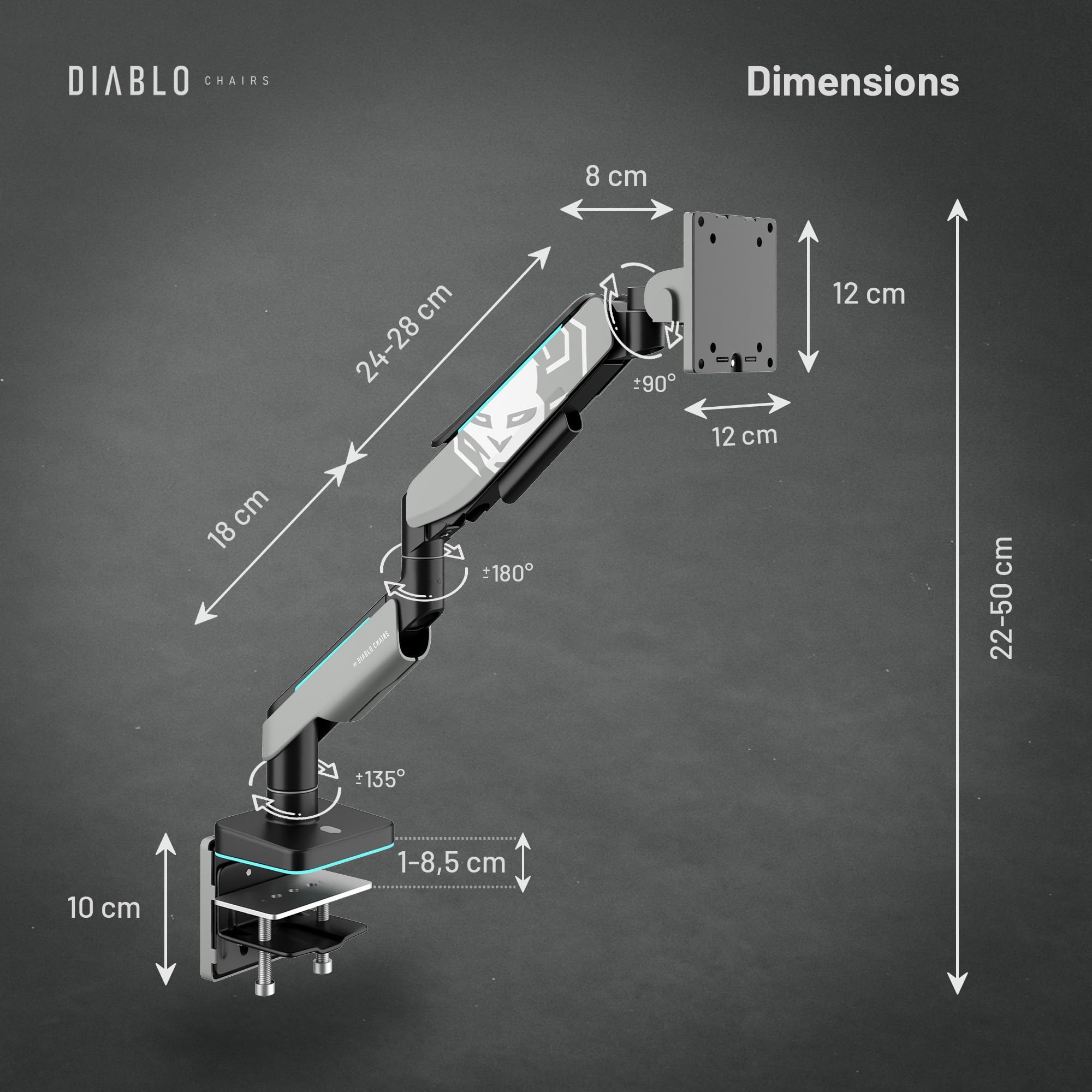 Ramię do monitora PC Diablo X-Arm 17-49 cali, stojak na monitor | Diody LED RGB | VESA 75 i 100 mm | Obrotowe | Zarządzanie kablami | Nośność do 20 kg | Zacisk biurkowy | Szaro-czarny