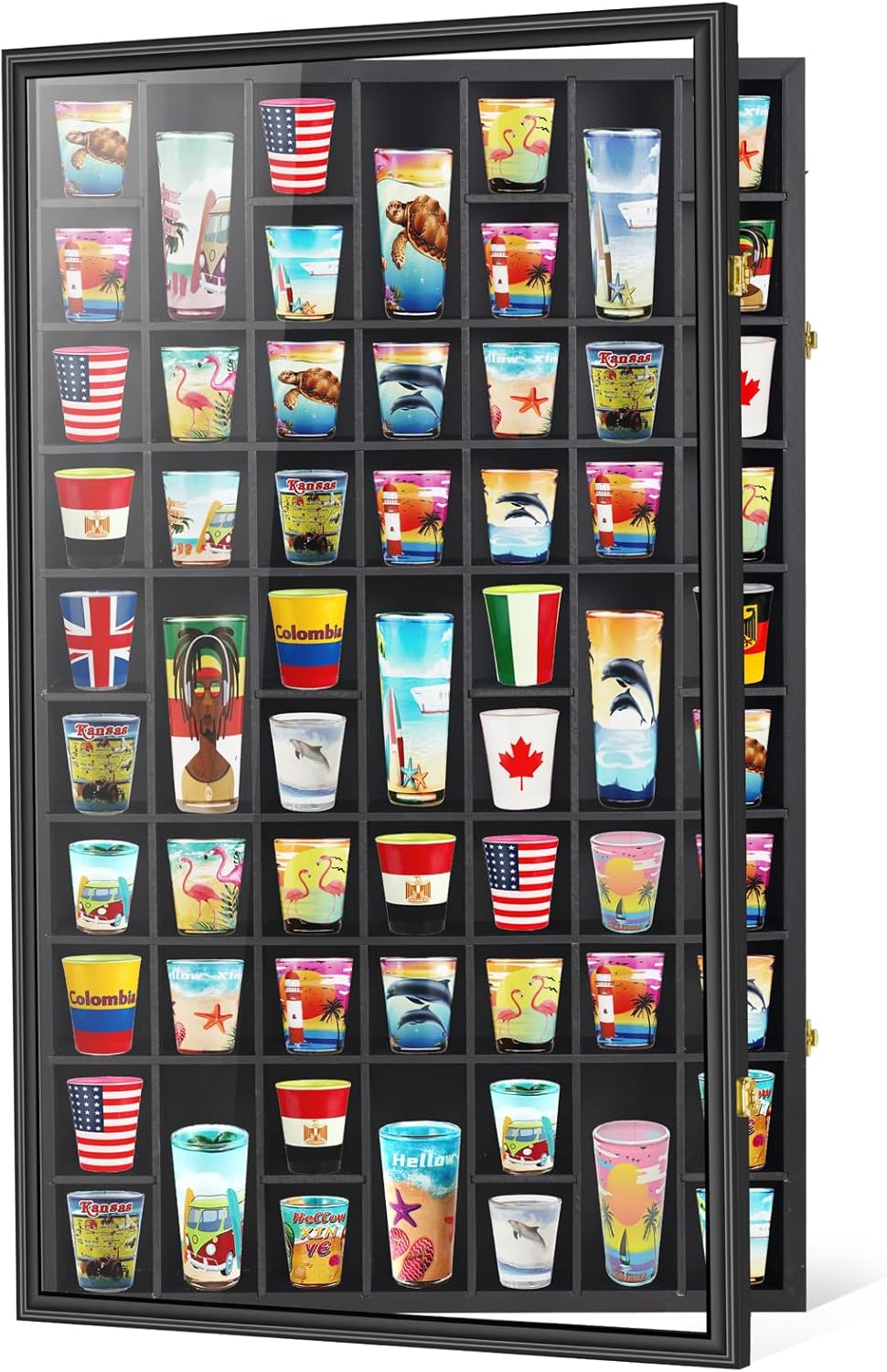 Black Shot Glass Display Case Large 61 Slots Glass Display Holder Wall Mounted Storage Shadow Box with UV Protection Acrylic Glass Door for Room Decor Shot Glass Case