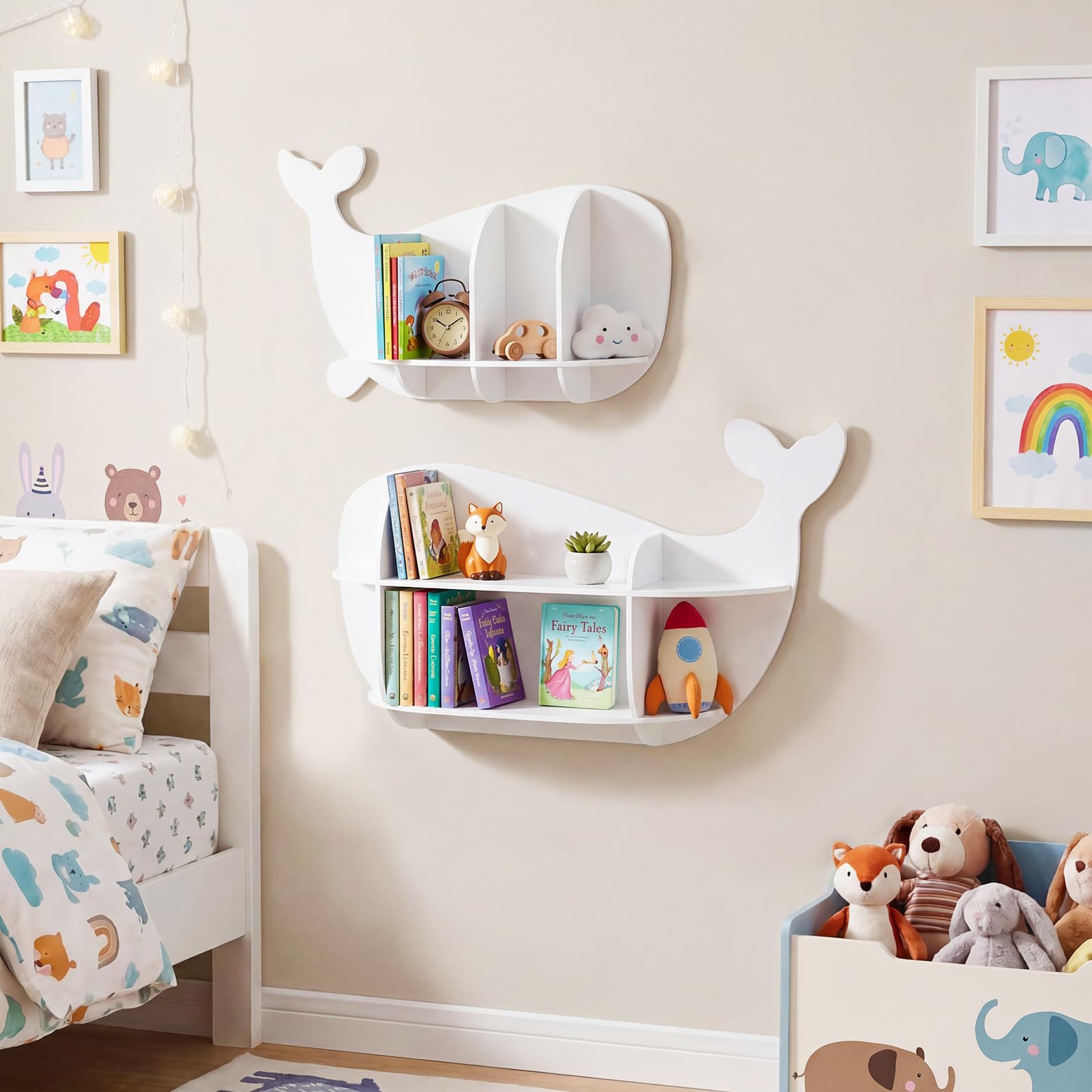 COSTWAY Set di 2 Mensole da Muro per Bambini a Forma di Balena in Legno | Libreria da Parete con Scomparti, Antiribaltamento e Bordo Protettivo, Decorazione per Cameretta, Soggiorno e Sala Giochi