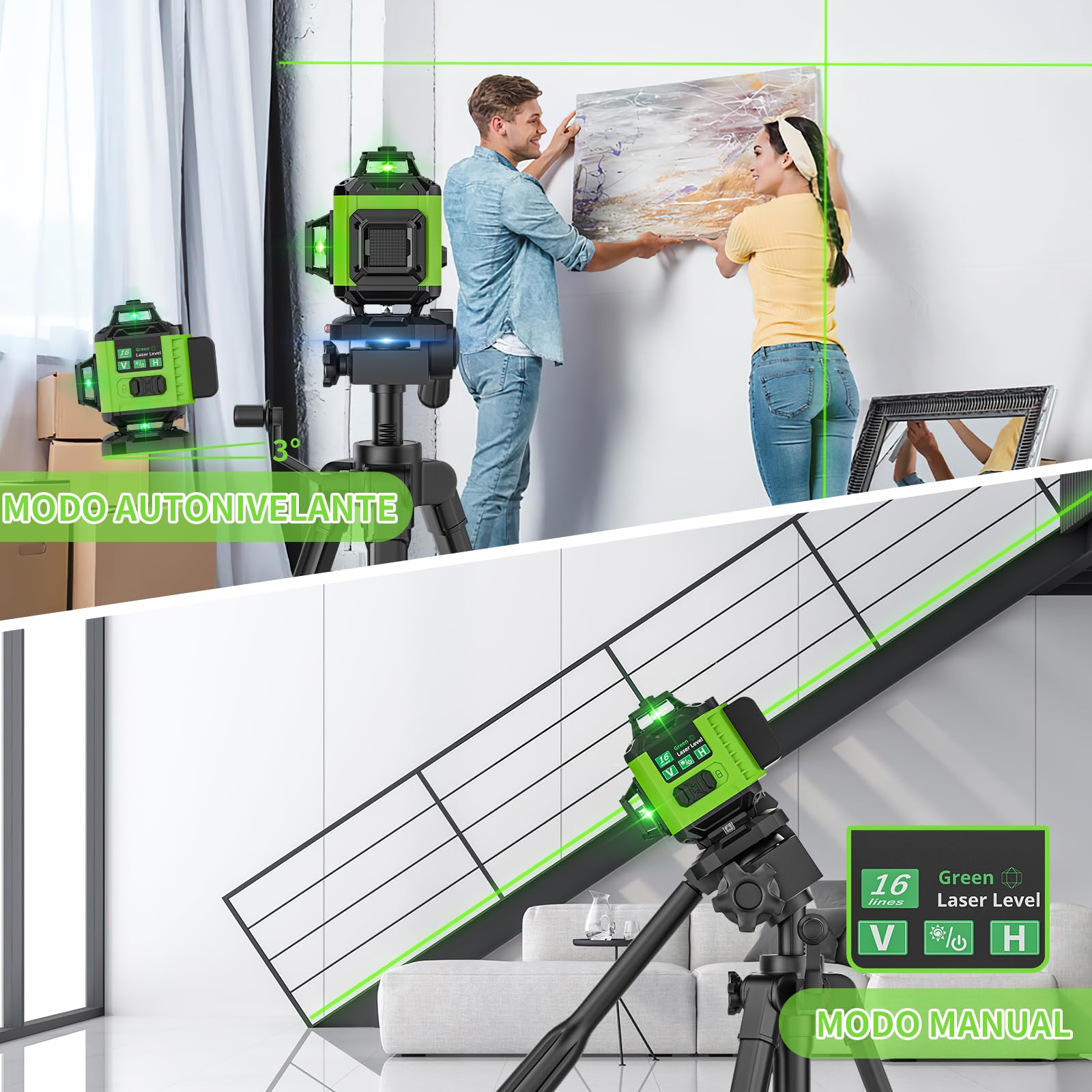 Livella Laser 4D 360° Verde – Telaio Ultra-Stabilizzato per Massima Precisione, Tecnologia SHARP, Anti-Vibrazione, 2x Batterie 2400mAh, Modalità Pulse & Design Anti-Urto (L)