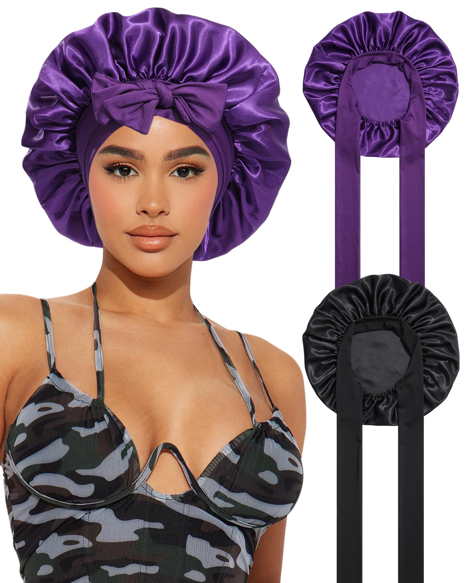 2PCS Satin Bonnets Silk Bonnet for Sleeping Women Curly Hair Bonnet with Tie Band Bonnets Sleep Cap