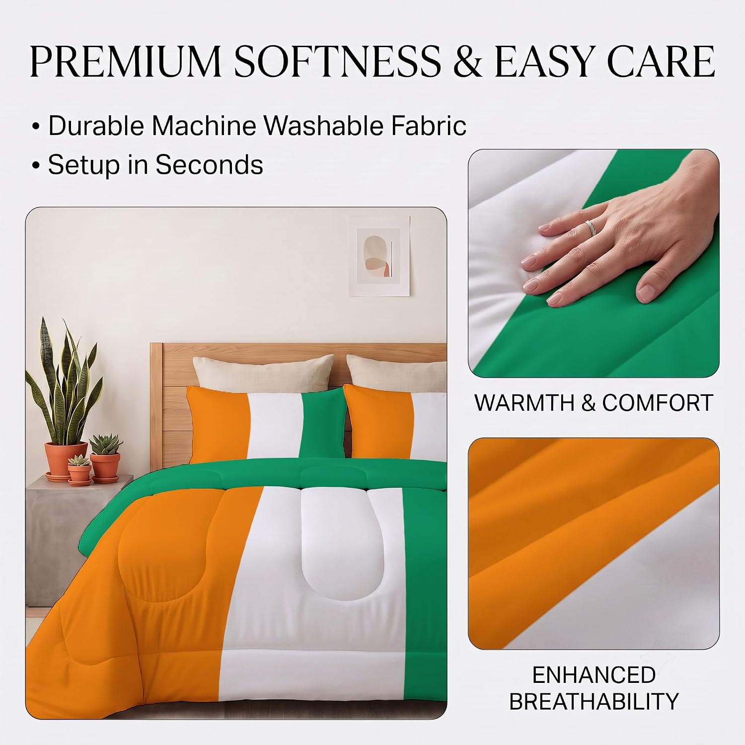 Patriotic Theme Comforter Set Queen Size, Irish Flag Print Breathable Bedding Set for Girls Boys Teens, Green Quilt Duvet with 2 Pillow Cases