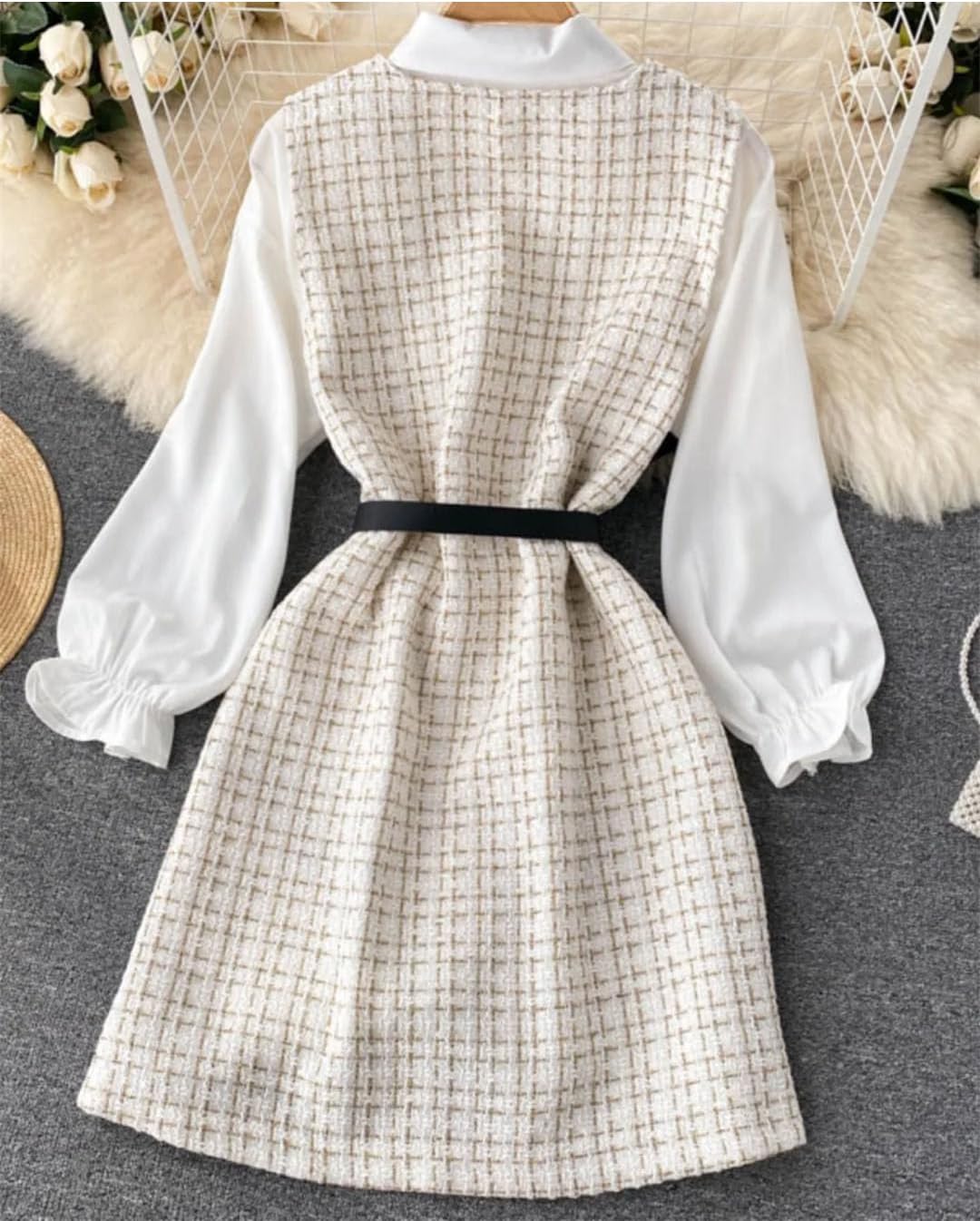 Women's Dress Puff Sleeve Shirt Strap Robe Lace Up Two-Piece Set