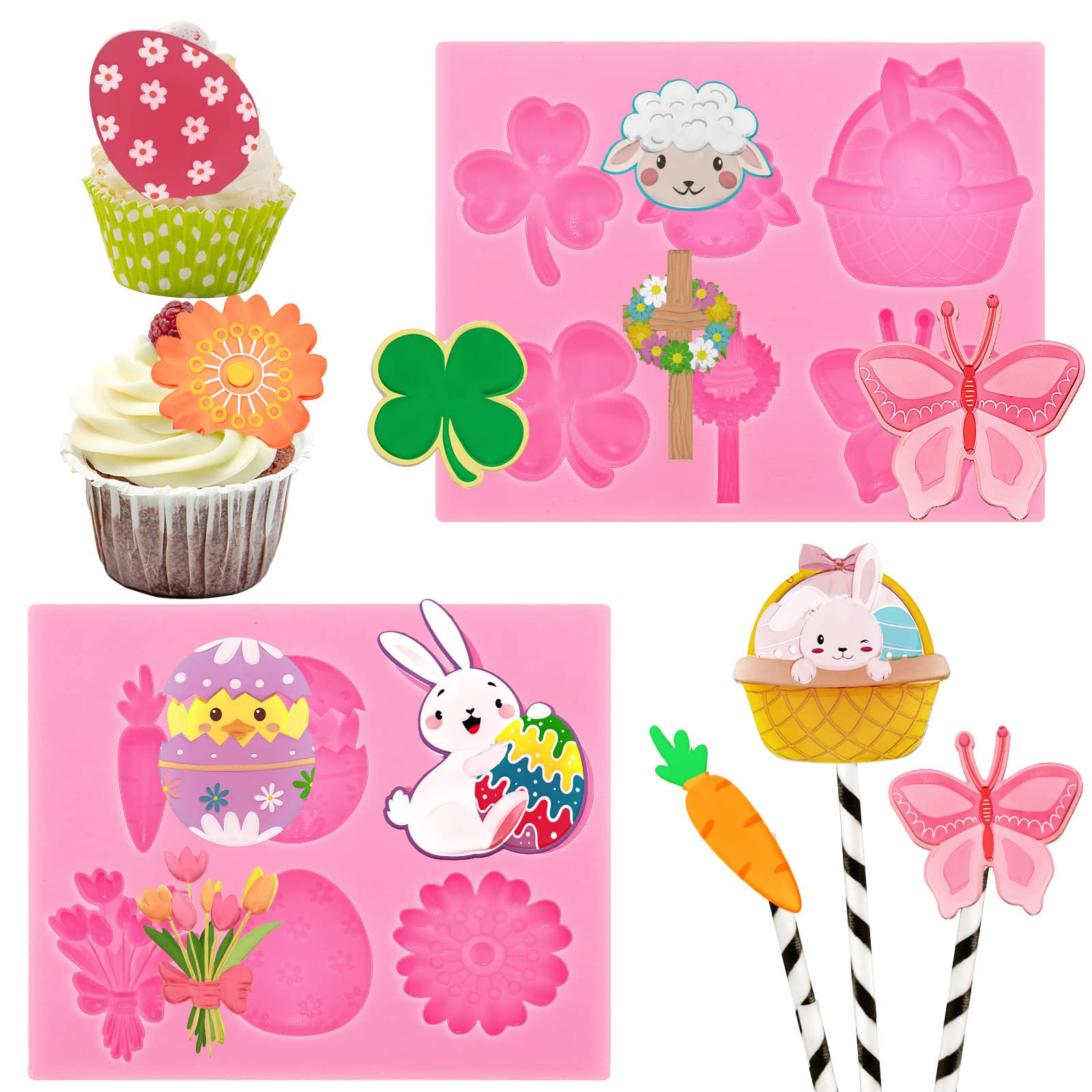 Photo 1 of 12 Pcs 3D Easter Bunny Egg Silicone Molds Set Carrot Fondant Mold Butterfly Clover Soap Mold Shamrock Flower Sheep Shaped DIY Chocolate Candy Clay Gum Crafting Cake Decor Boho Party Supplies