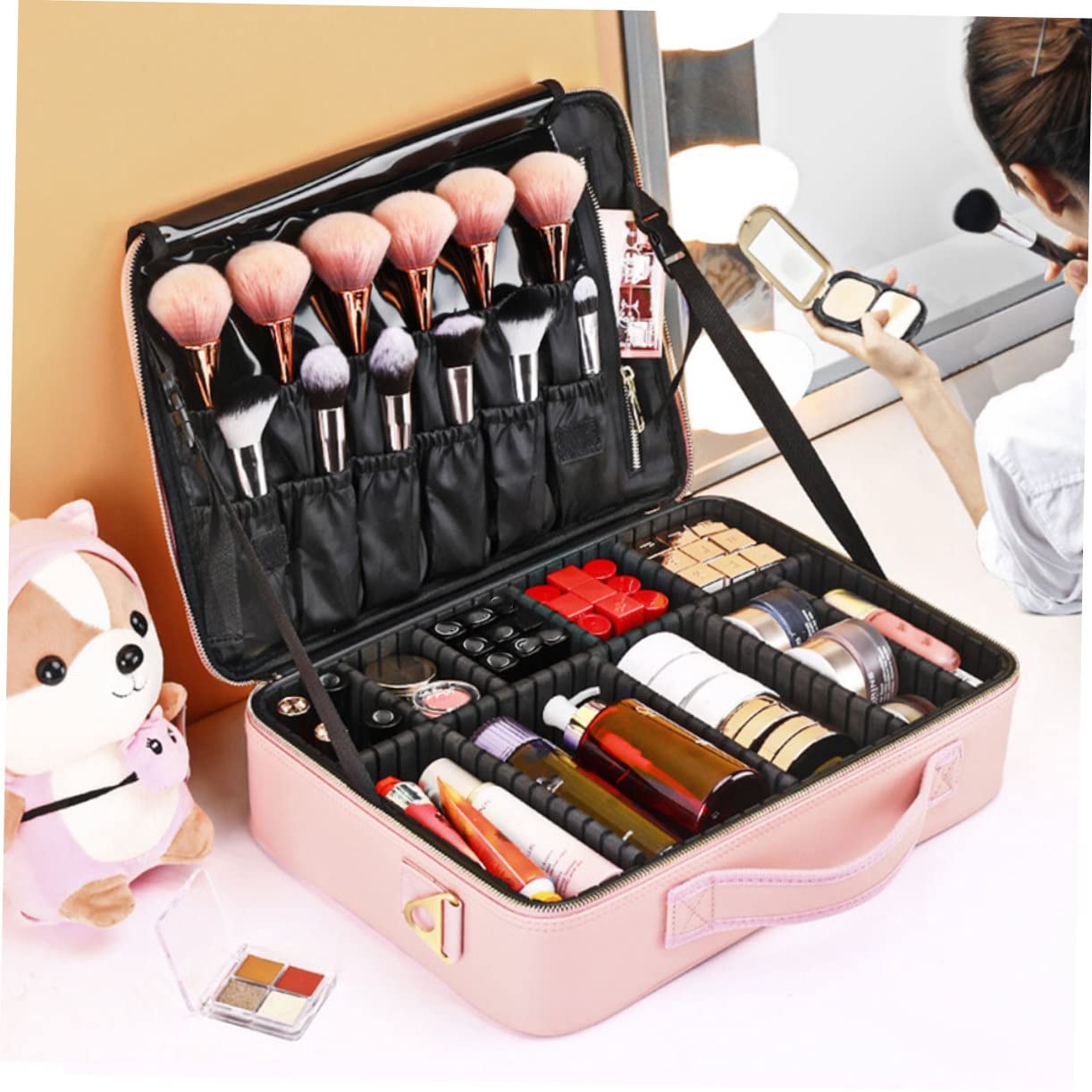 Kosmetiktasche mit Verstellbaren Fächern und Reißverschluss Kosmetikbeutel für Make-up und Beauty-zubehör Großes Aufbewahrungsetui für Reisen und Zuhause