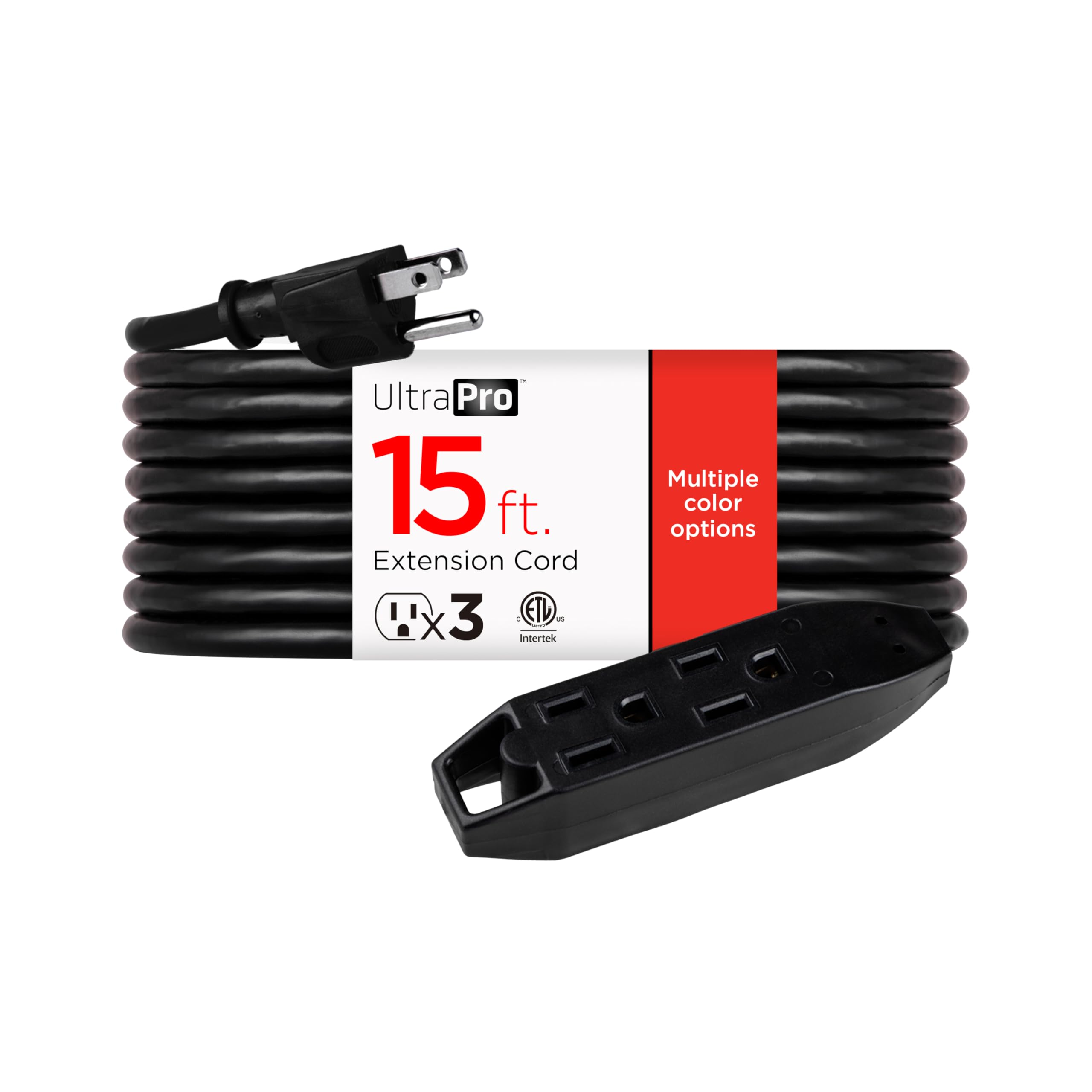 UltraPro, Negro, Cable de extensión de 15 pies, regleta de enchufes de 3 Salidas, Calibre 16, SJTW, Servicio Pesado, para Uso en el hogar, Garaje o Taller, 50786