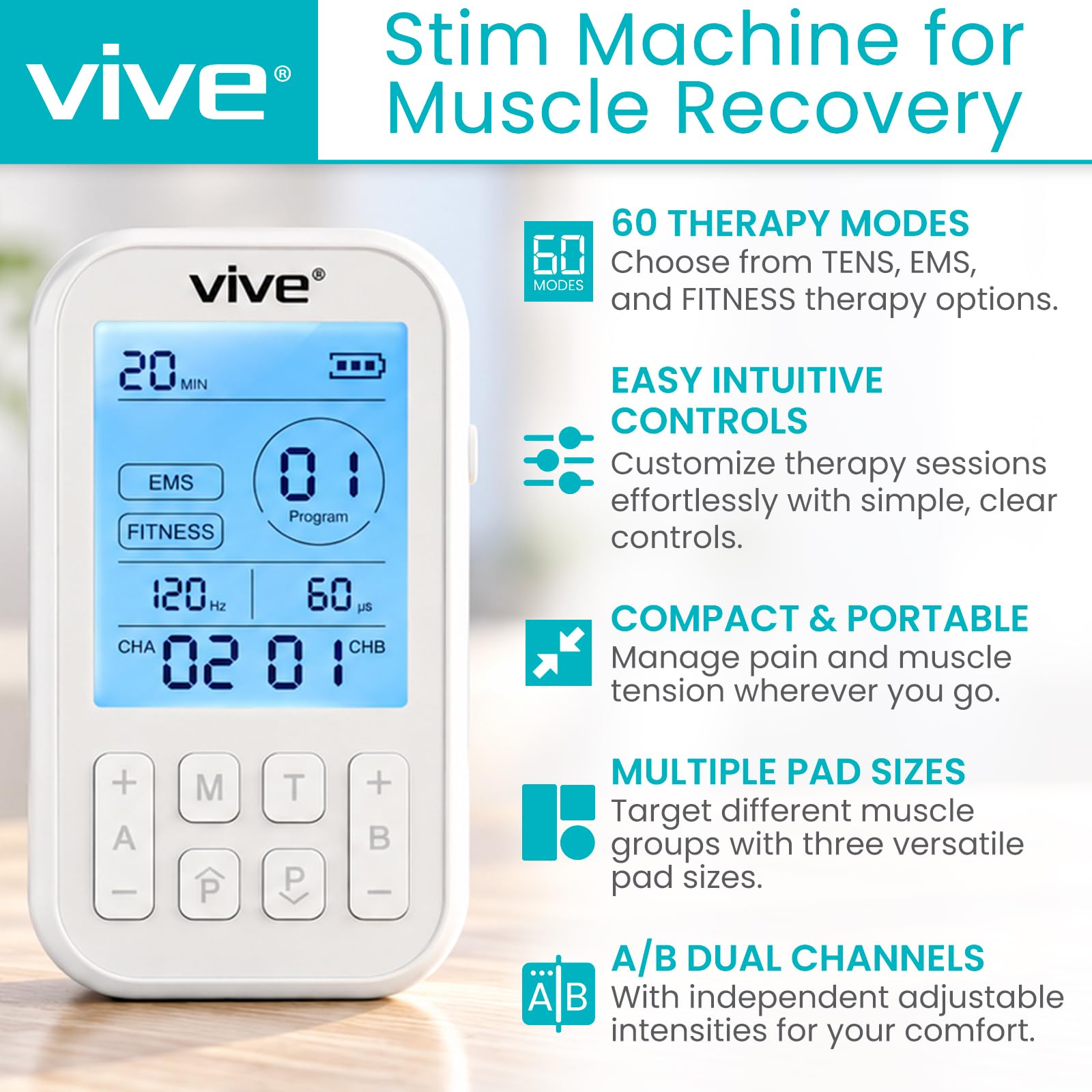 Vive Stim Machine for Muscle Recovery - 24 Mode Tens Unit Stimulator for Pain Relief Therapy - 24 EMS & 12 Fitness Models with Electrodes for Period Cramps, Physical Therapy - Stimulation Device — Amazon image 2
