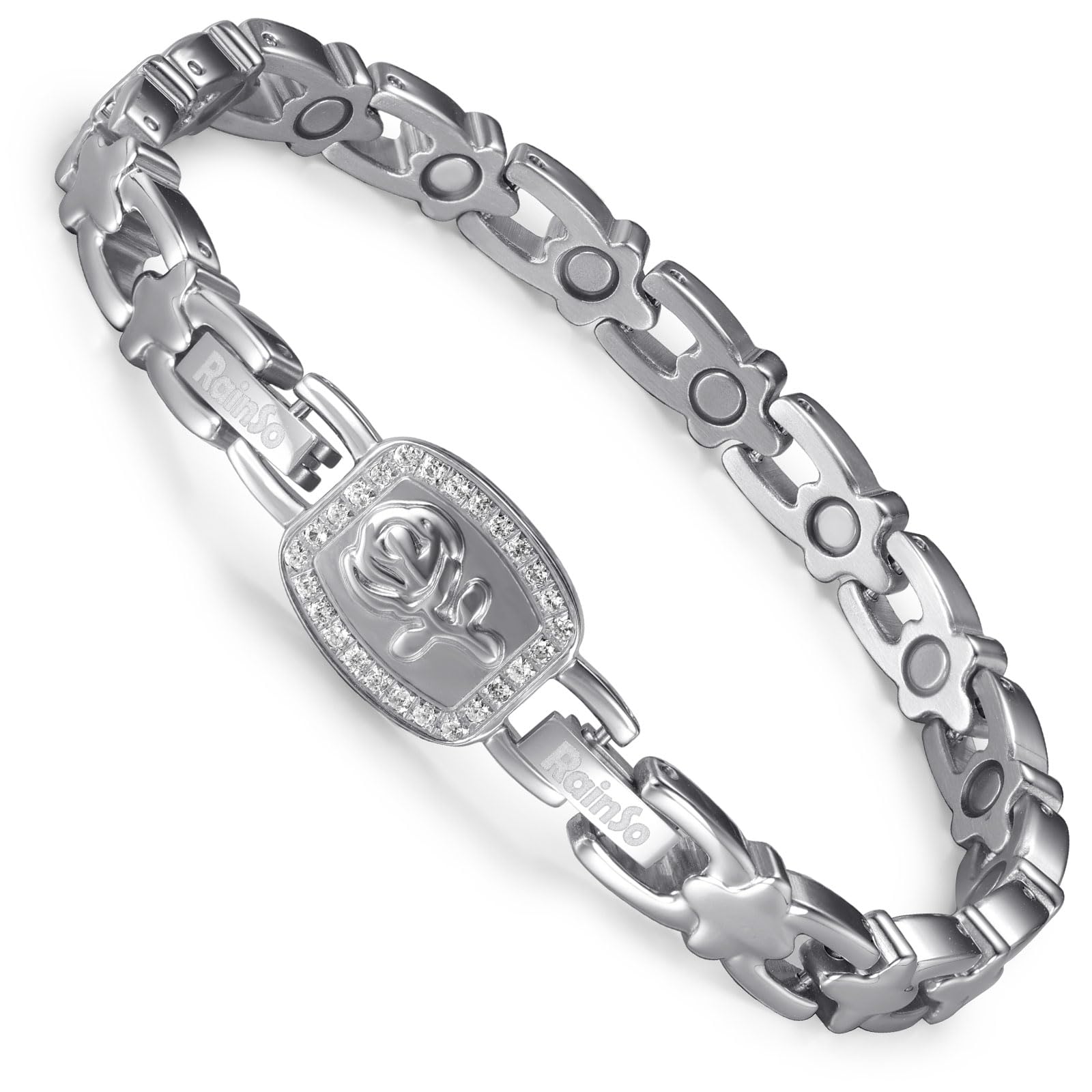 RainSo Bracelet magnétique pour femme - Rose amovible - Bracelet 2 en 1 en acier inoxydable avec double possibilité de port - Taille réglable - Avec outil de réglage et boîte cadeau (argent)