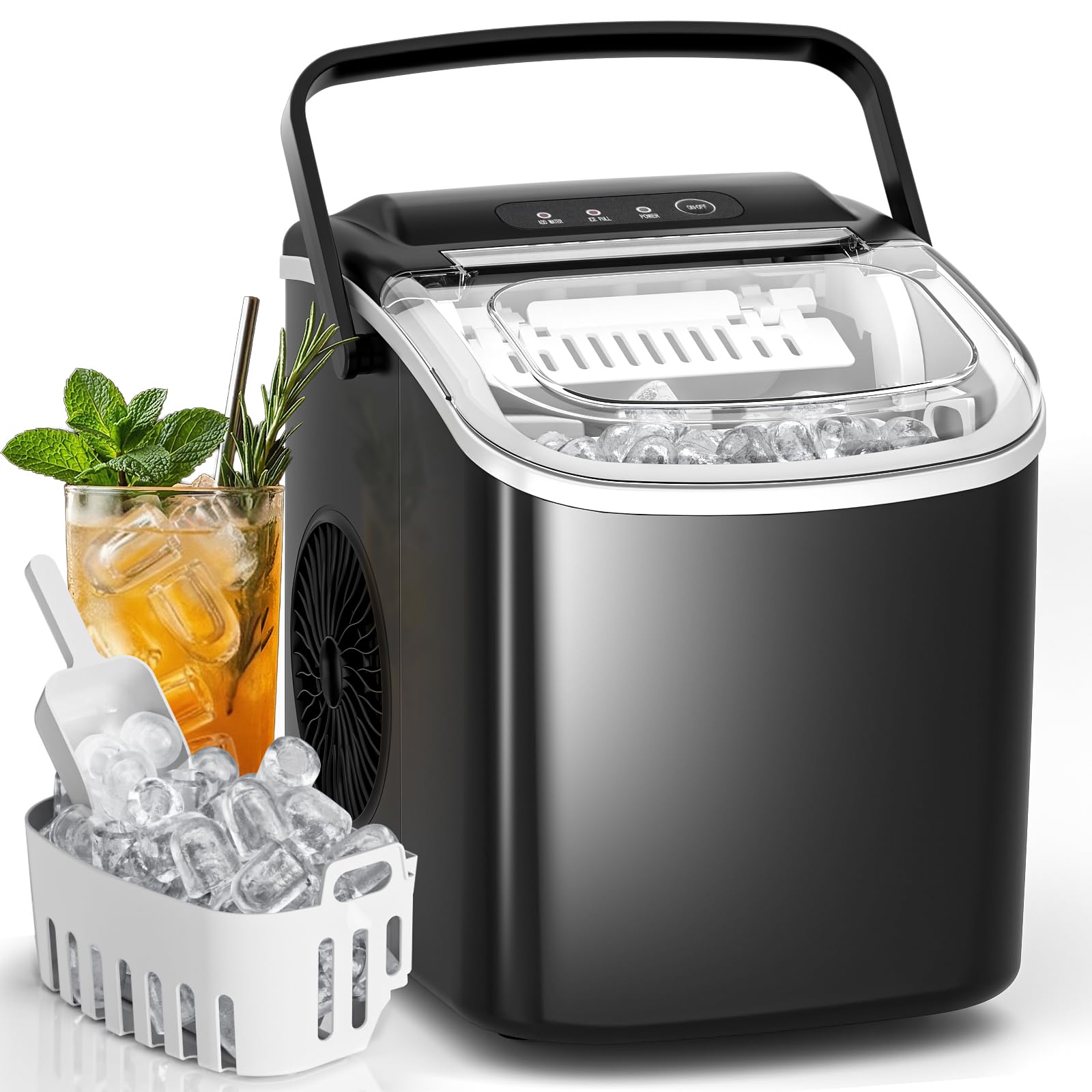 Antarctic Star Ice Makers Countertop with Handle, 9 Bullet Ice Cubes in 6 Mins, 26lbs/Day, Portable Ice Machine with Auto-Cleaning, Basket and Scoop for Home, Kitchen, Office, Party