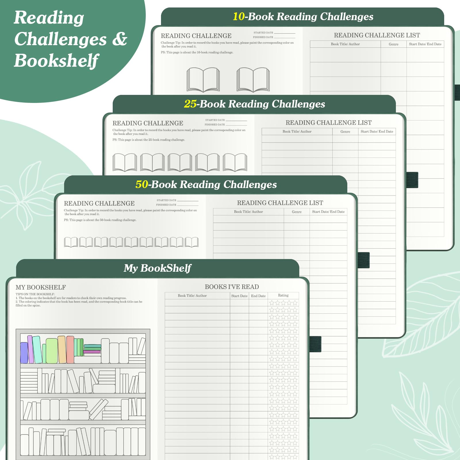 Reading Journal for Book Lovers - 65 Book Reviews, Multicolor Pen, A5 Green - Image 4