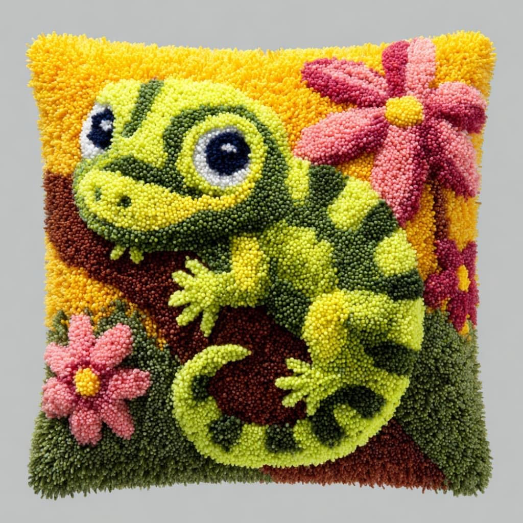 WallustrioaW Latch Hook Kit Cushion for Adults,Lizards 17X17 Inch,DIY Pre-Printed Craft Latch Hook Rug Kits Cross-Stitch Embroidery Pillow Cover Kit for Home