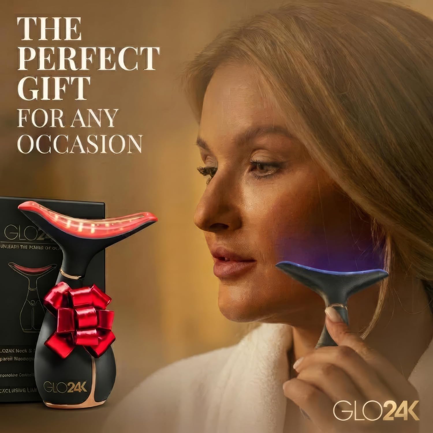 GLO24K - Dispositivo di bellezza per ringiovanimento della pelle per viso e collo. basato su tecnologie a LED a tripla azione, termiche e vibrazioni.