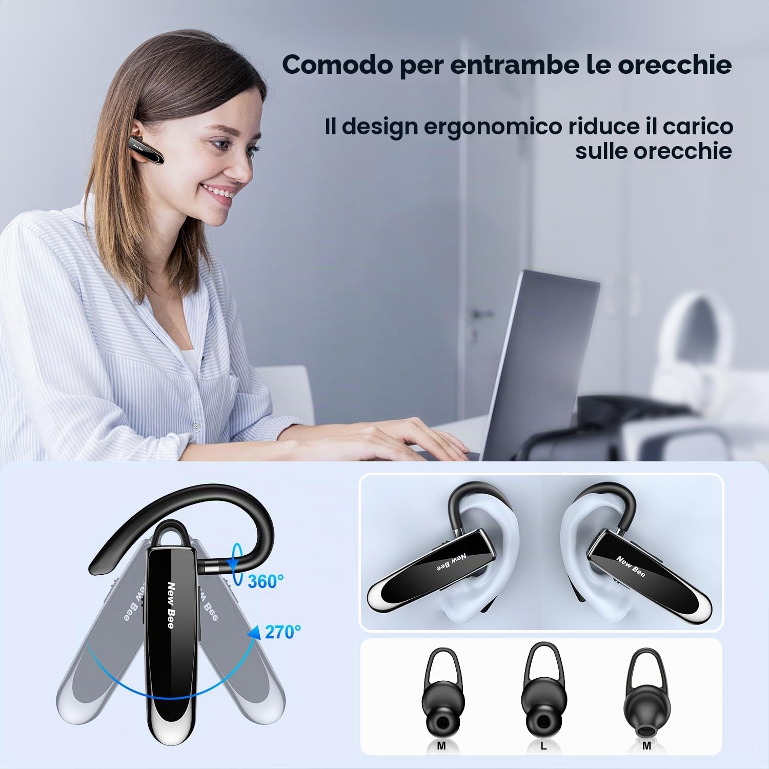 New Bee Auricolare Bluetooth V5.0 a mano libera auricolare Bluetooth con tecnologia di cattura vocale chiara Kit auricolare- invisibile per iPhone Samsung Huawei Sony ecc (nero)
