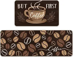 But First Coffee Themed Kitchen Rugs Set of 2, Coffee Bean Brown Kitchen Mats Decor, Bar Cafe Floor Door Mat Home Decorations - 17x29 and 17x47 Inch