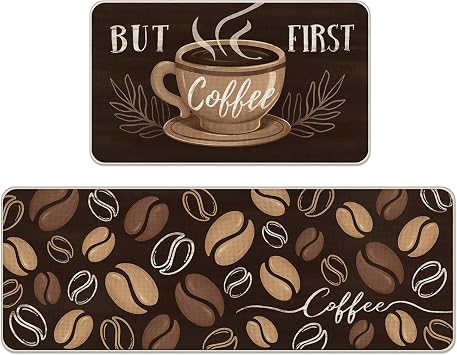 But First Coffee Themed Kitchen Rugs Set of 2 | Coffee Bean Brown Kitchen Mats Decor, Bar Cafe Floor Door Mat Home Decorations - 17x29 and 17x47 Inch