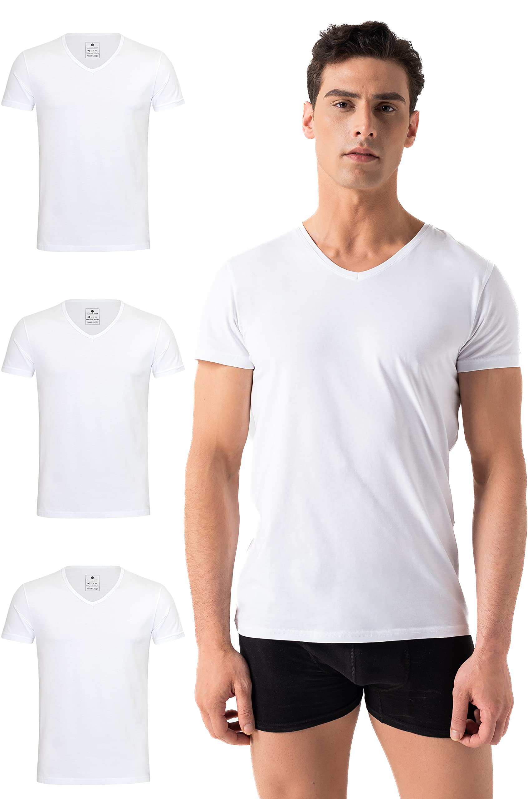 Burnell & Son Maglietta da uomo, confezione da 3 pezzi, con scollo a V, da uomo, elasticizzata, a maniche corte, in cotone, basic slim fit