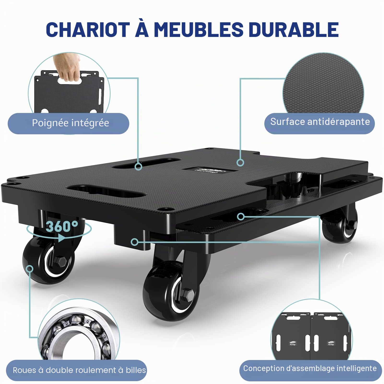Ronlap Chariot de déménagement de Meubles avec roulettes, roulettes Portables pour Meubles Lourds, Petit Chariot Plat avec 8 Cordes élastiques, capacité de 800 kg, 4 Paquets, Noir