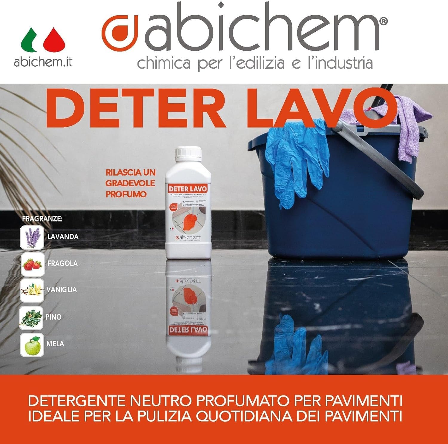 ABICHEM DETER LAVO Pino 10L – Detergente Neutro Profumato | per la Pulizia Quotidiana di Pavimenti in Cotto, Gres, Ceramica, Legno, Marmo – Non Richiede Risciacquo, Made in Italy