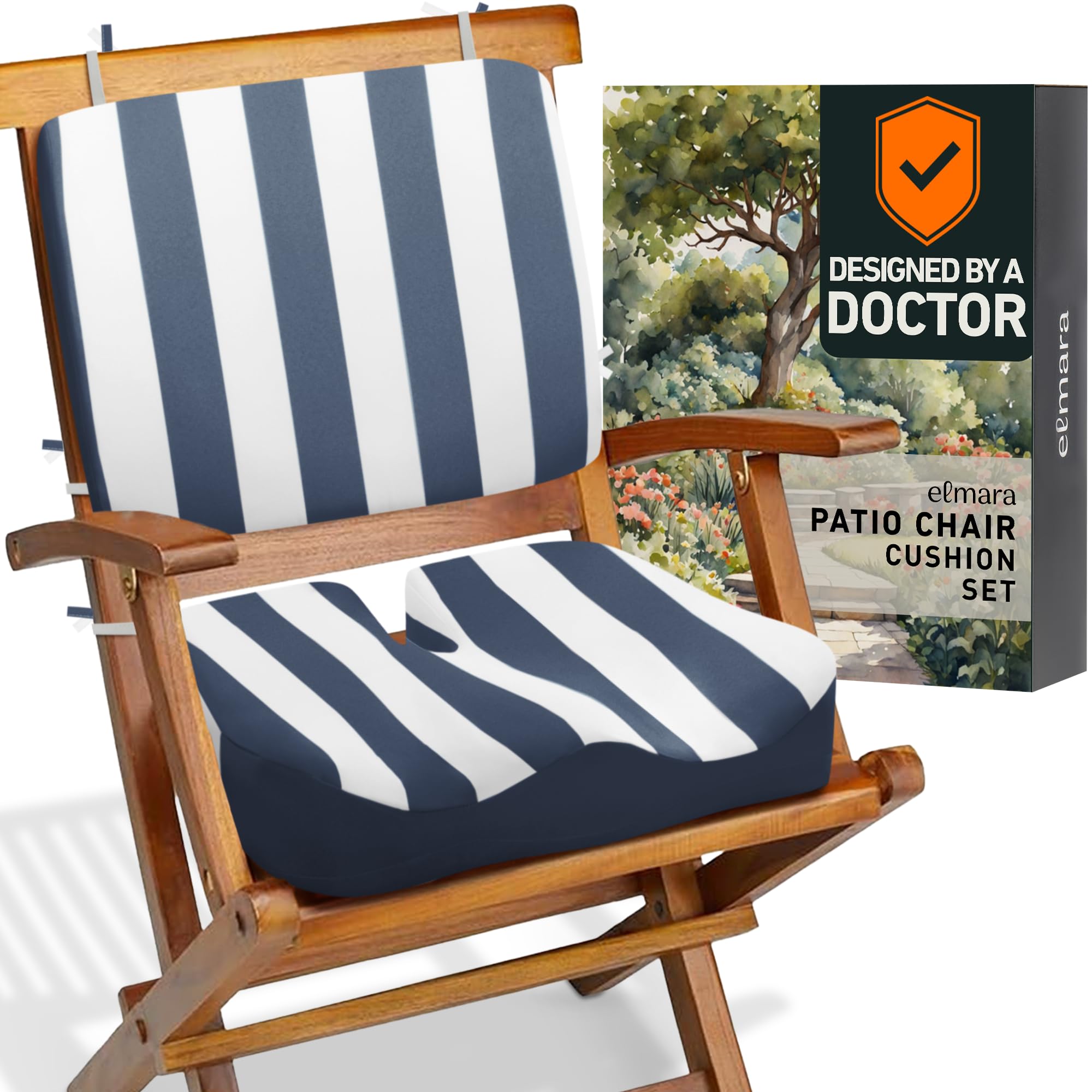 Elmara Doctor-Designed Small Patio Chair Cushions are The Ultimate Comfort Solution – Memory Foam Outdoor Chair Cushions – Durable, Waterproof & Fade-Resistant for All Weather (Navy Stripe)