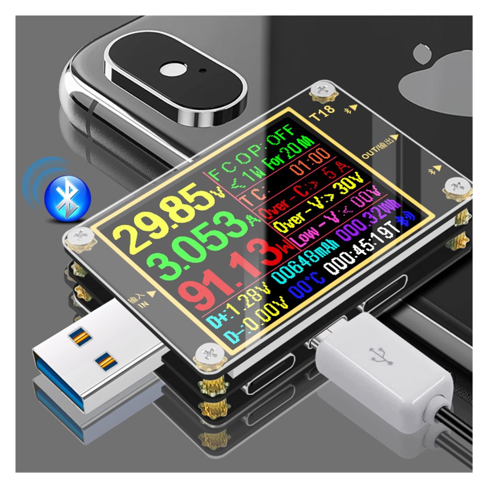 18. In 1 USB. Tester T18 Digital-Voltmeter-Amperometer Voltimetro DC Leistungsspannungszähler Strom Spannungsarzt 1,8" PD QC3.0. Detektor(Add load cable)