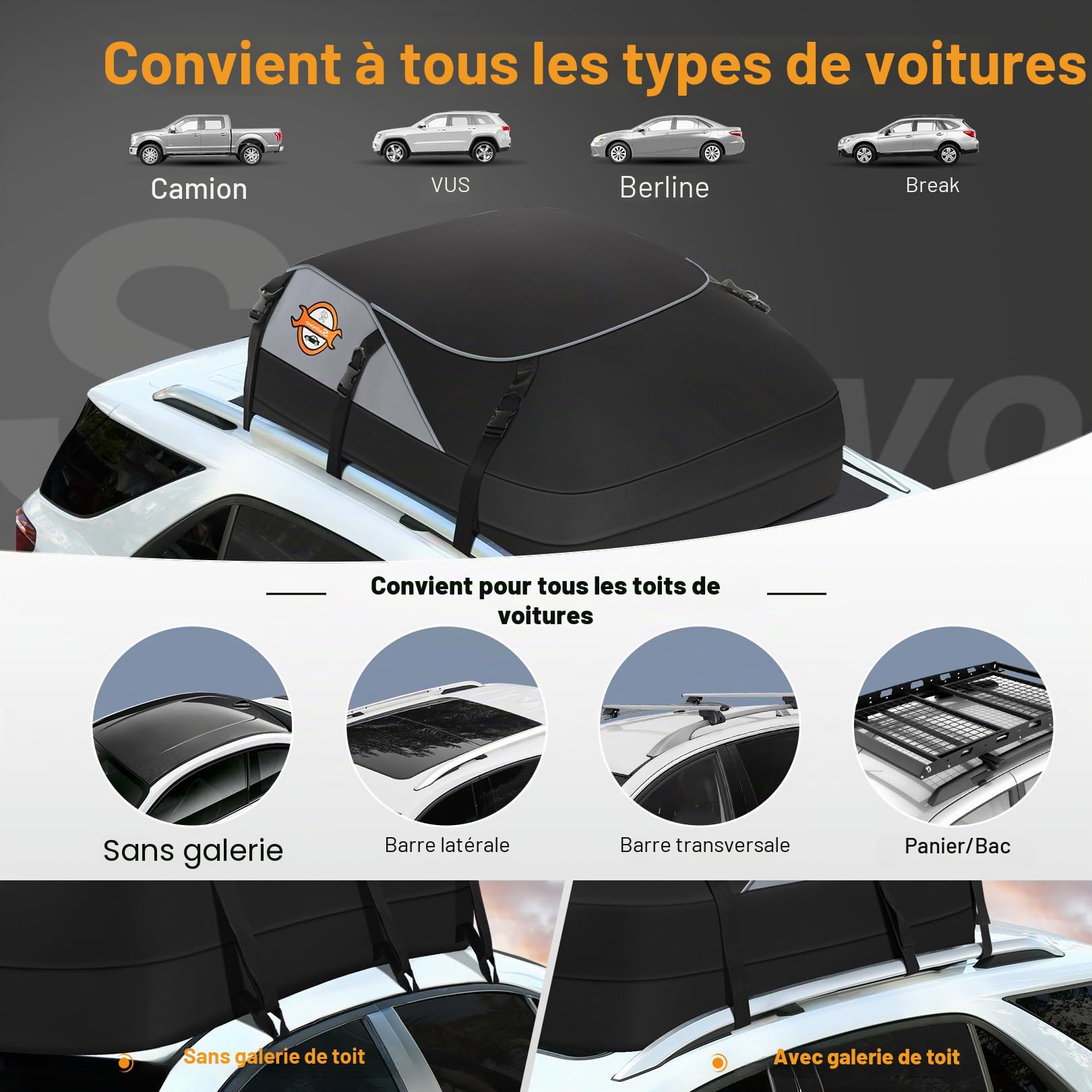 Coffre de Toit de véhicule Sac de Toit Voiture pour Voyage Résistant aux Intempéries 559L 700D Nylon, 8 Sangles Renforcées, 6 Crochets de Porte pour Les Voyages et Le Transport des Bagages