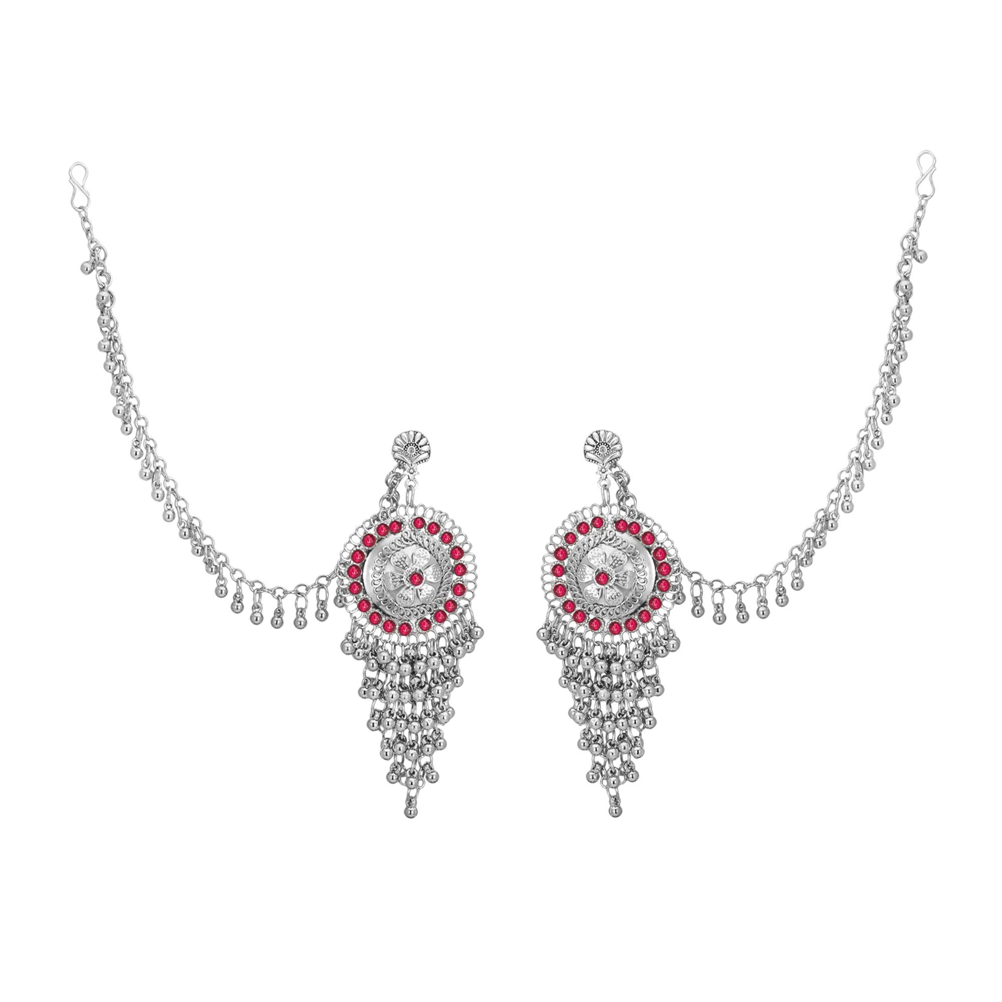 Shreyadzines Traditional Eid collection Oxidized Silver CZ Stone Bahubali Earrings with Hair Chain for Women and Girls (Pink), (Model: JME1755), Medium (B082GTD91Q) Amazon Price History, Amazon Price Tracker