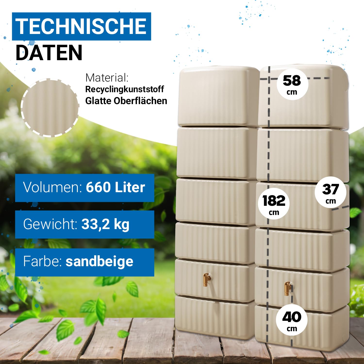 4rain Slim Regentonne Set 660 L, sandbeige, 2X Slim 330 L, inkl. Verbinder | Wandtank, Wassertank, Regenfass, Regenwassertonne, Wasserbehälter, Fass, Regenwassertank, Wasserfass, Wassertonne