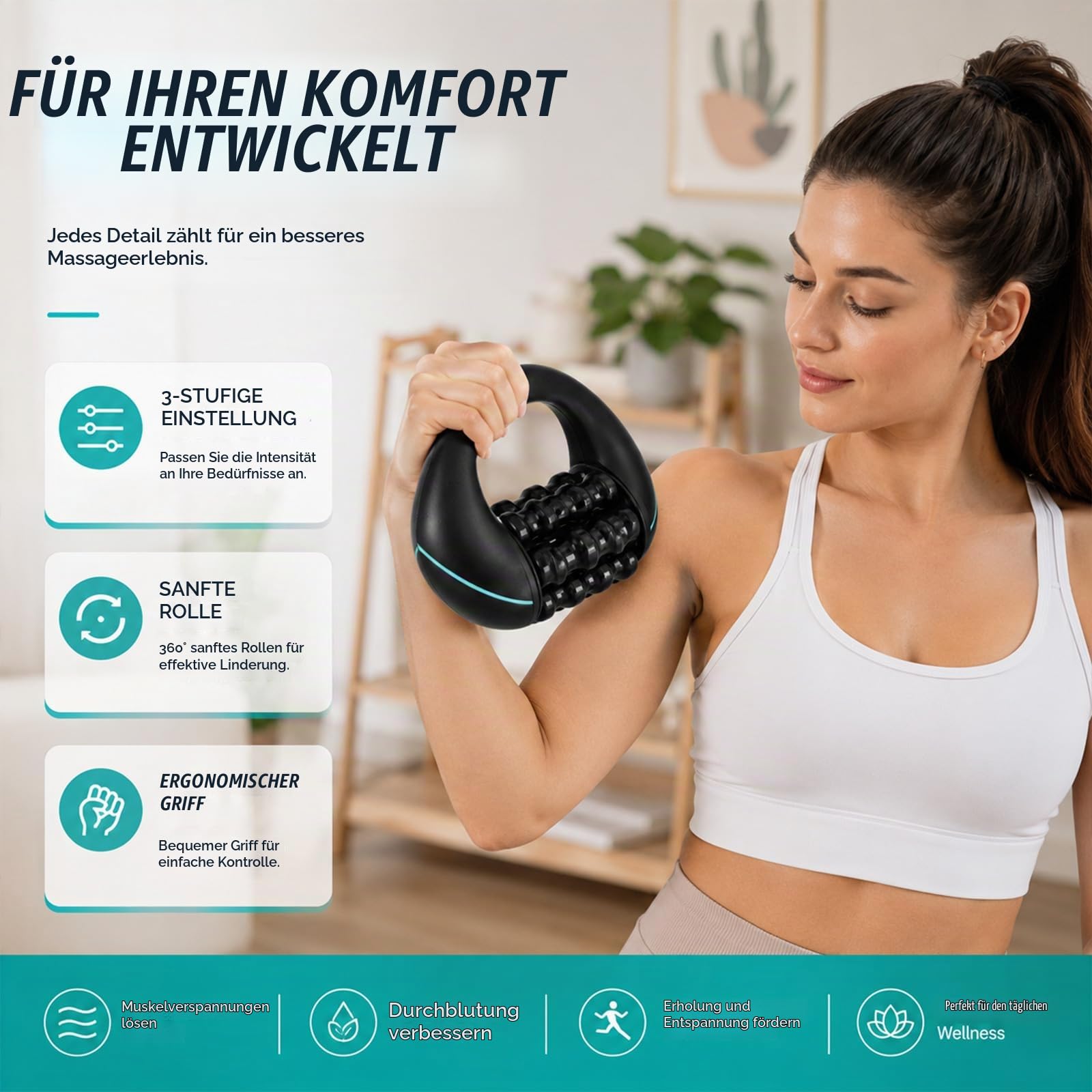 Elektrisches Handmassagegerät mit Rollen, 3 Stufen Massageroller USB Aufladbar, Leichtes Tiefengewebsmassagegerät für Rücken Schulter Beine Büro Fitnessstudio