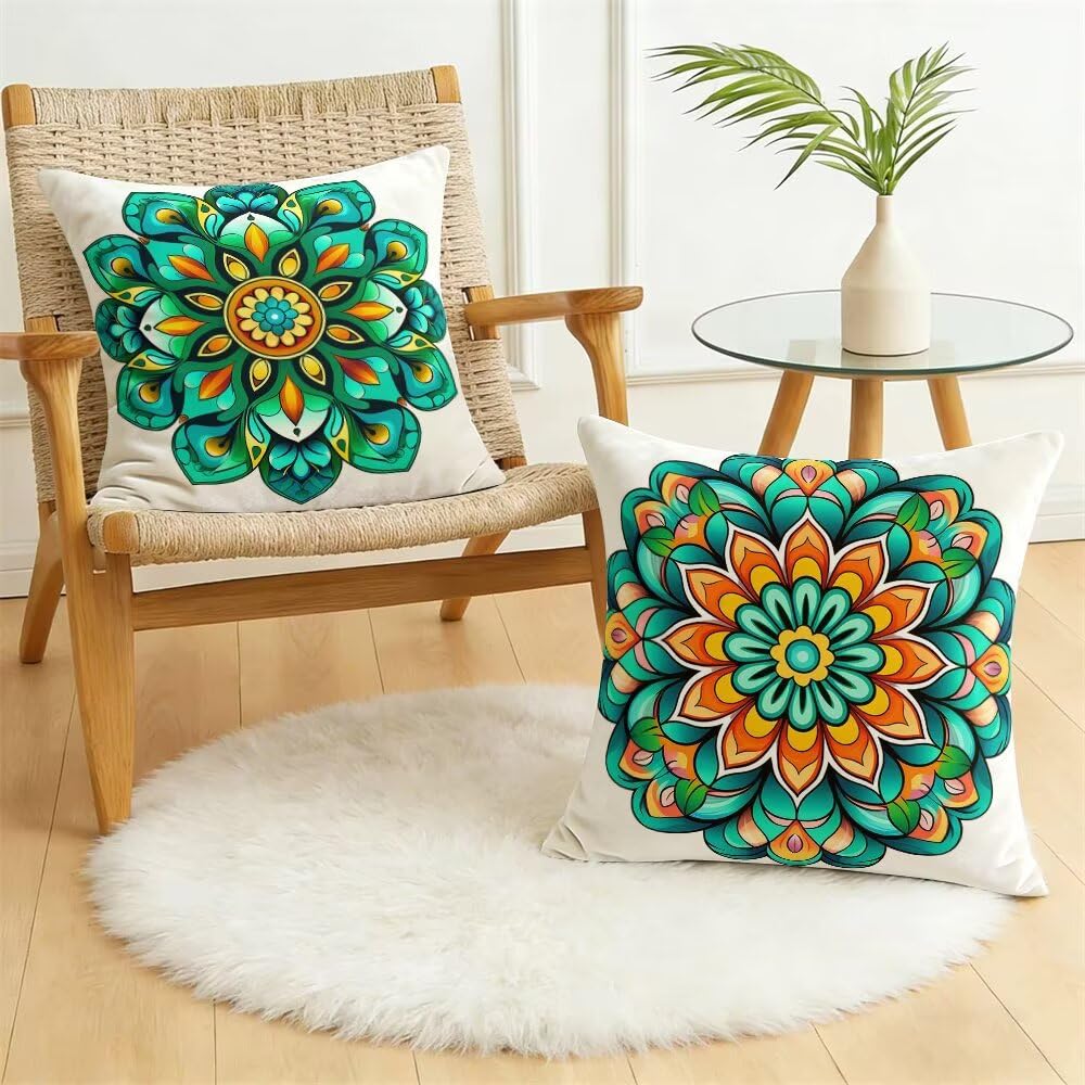 Federe Cuscini Divano 65x65 cm Federe Morbido Copricuscini Verde Smeraldo in Velluto, 2 Pezzi Copri Cuscini per Divano Boho Decorativi Federa Cuscino Mandala per Camera da Letto Soggiorno (IU7)