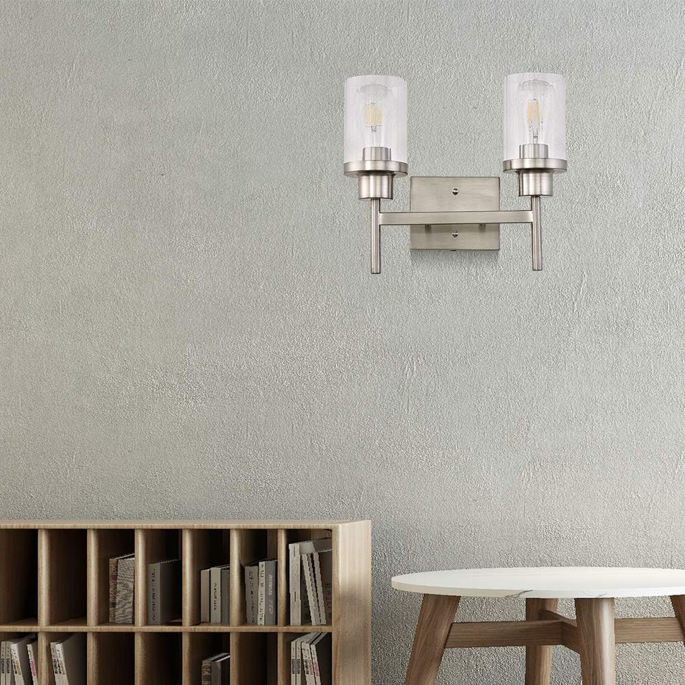 60% Off Discount YAOHONG Modern 2-Light Wall Sconce Light 13.8 Wide Bathroom Vanity Light in Satin Nickel with Clear Glass for Hallway Stairs Living Room Kitchen Wall Mounted Light Fixture