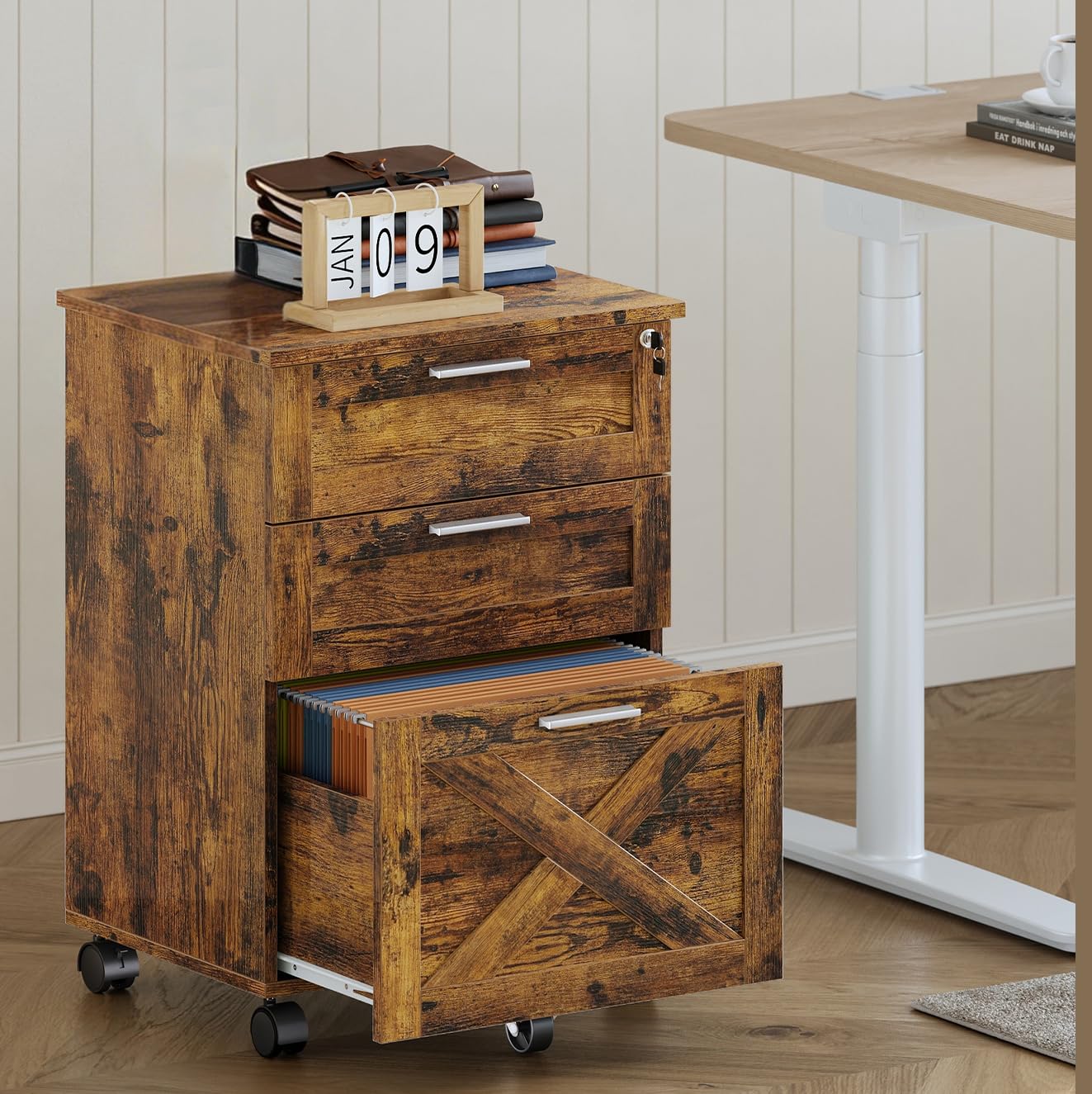 Garvee Aktenschrank,Rollcontainer,Büroschrank,mit 3 Schubladen,Abschließbar,Büro-Aktenschrank mit Hängeregisterfach - 48 x 40 x 68 cm,Rustikales Braun